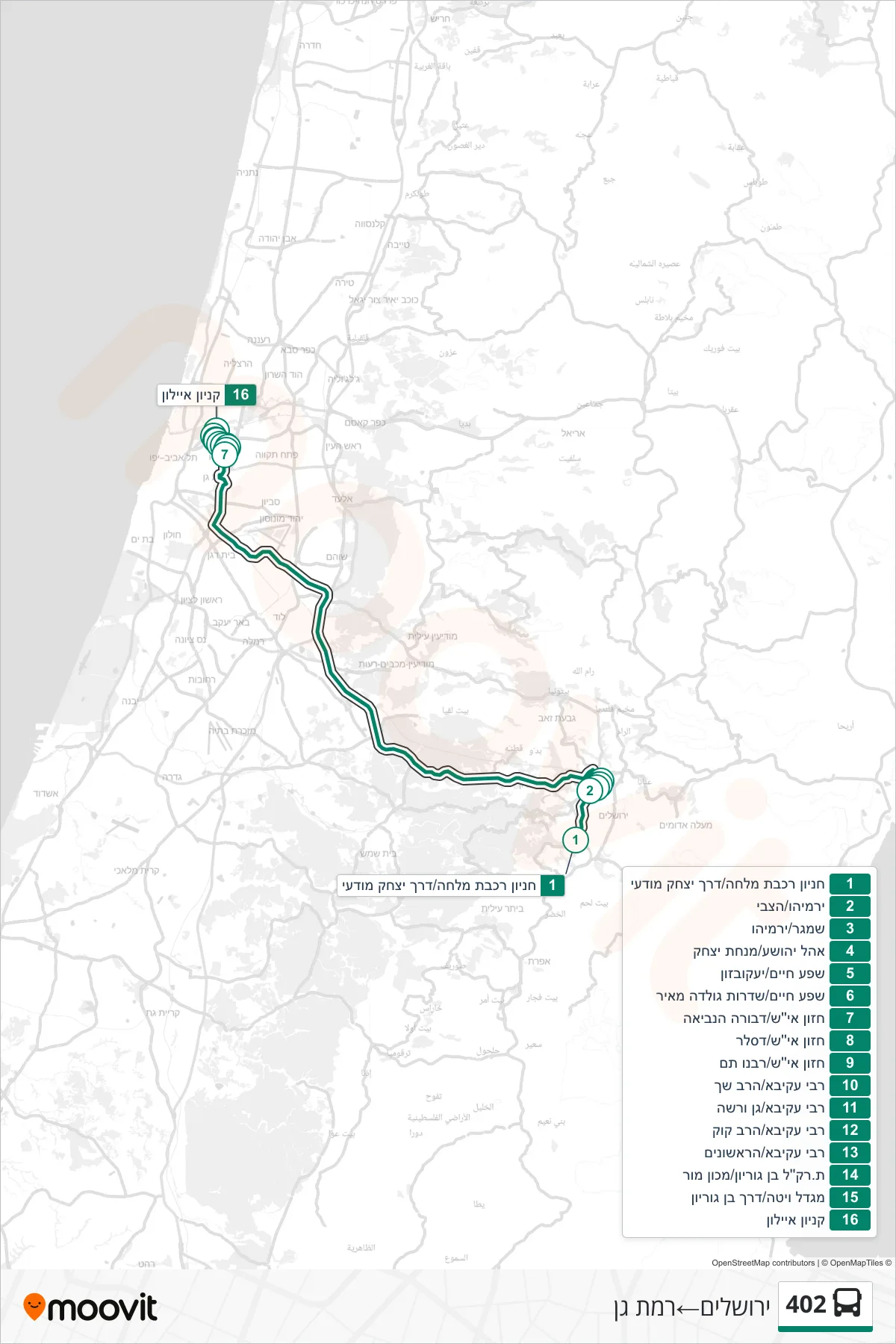 402 bus Line (Jerusalem‎→Ramat Gan) route and stops on a map