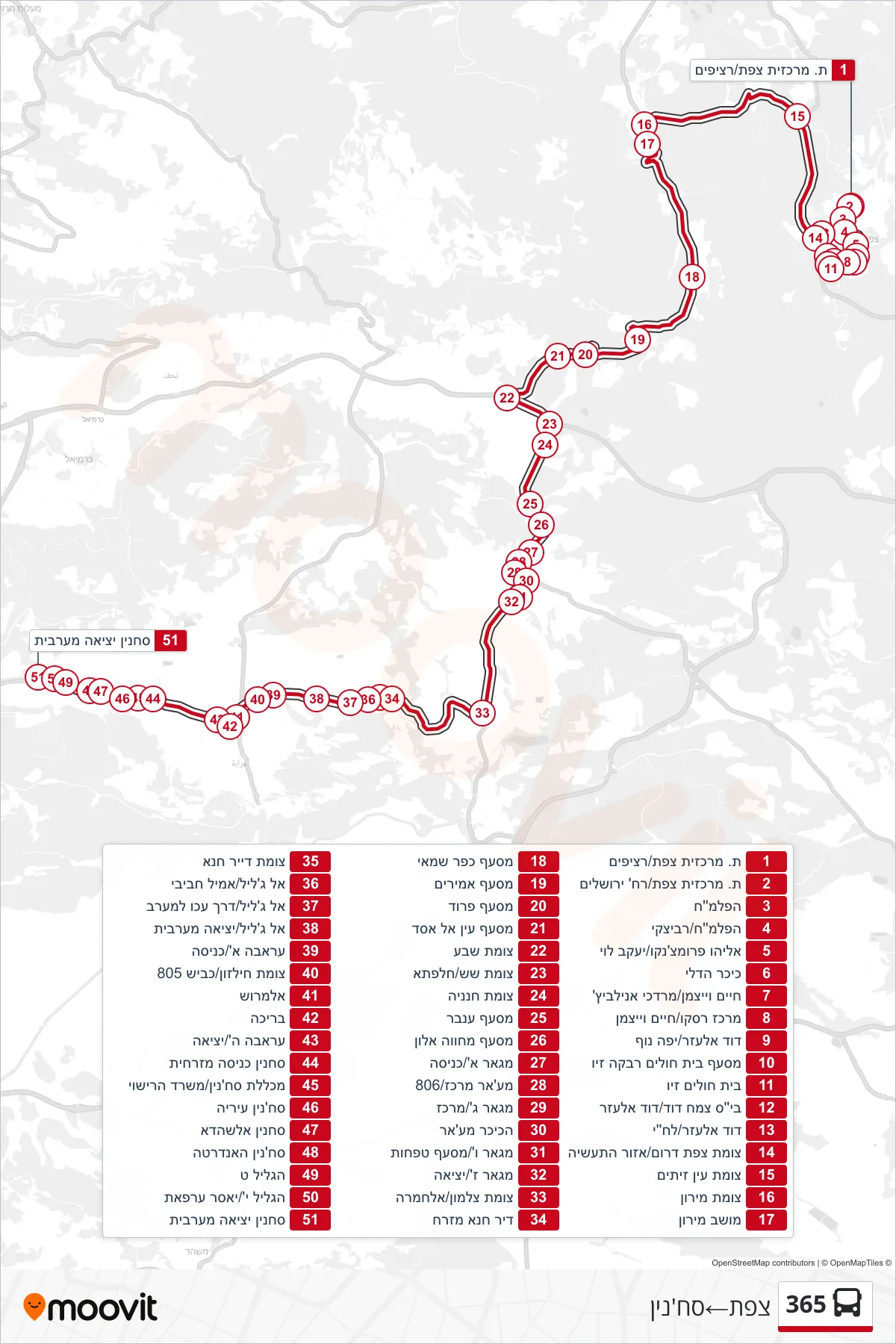 365  Line (Safed‎→Sakhnin) route and stops on a map