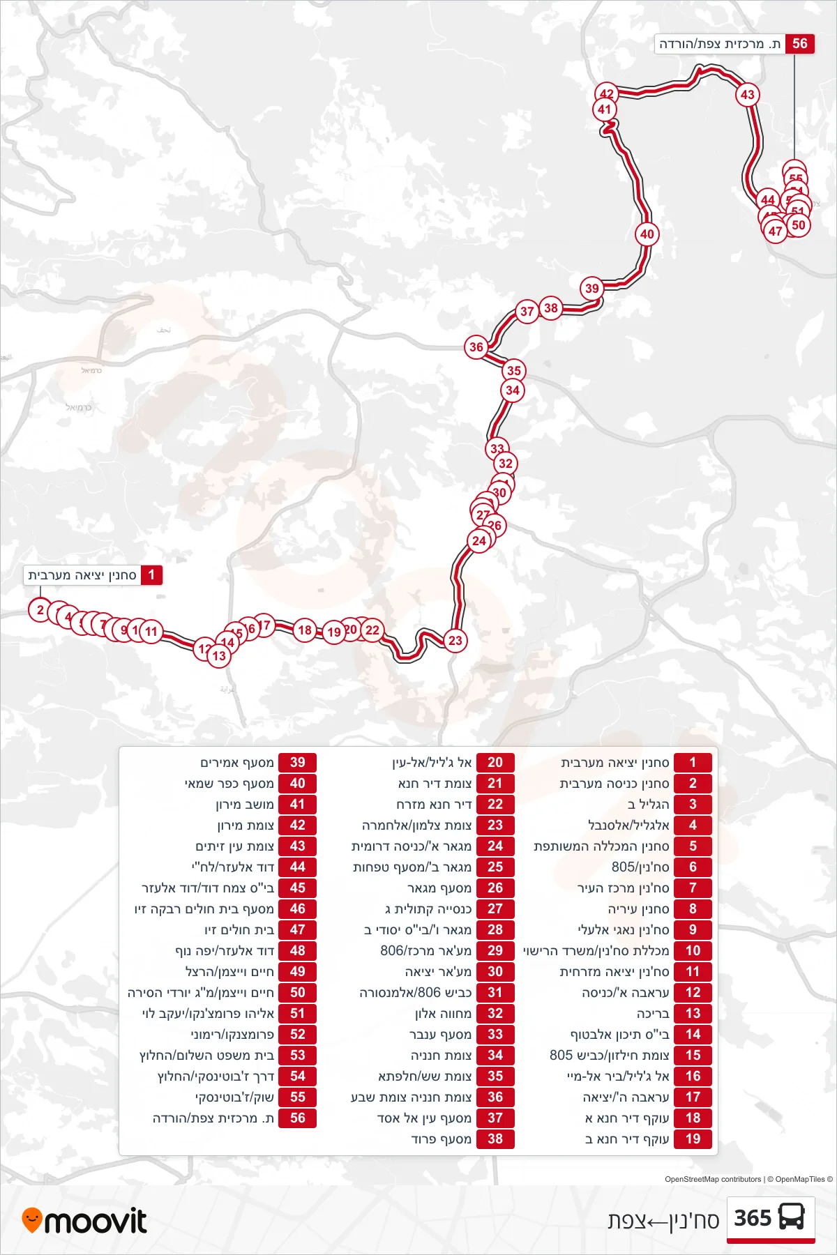 365 bus Line (Sakhnin‎→Safed) route and stops on a map