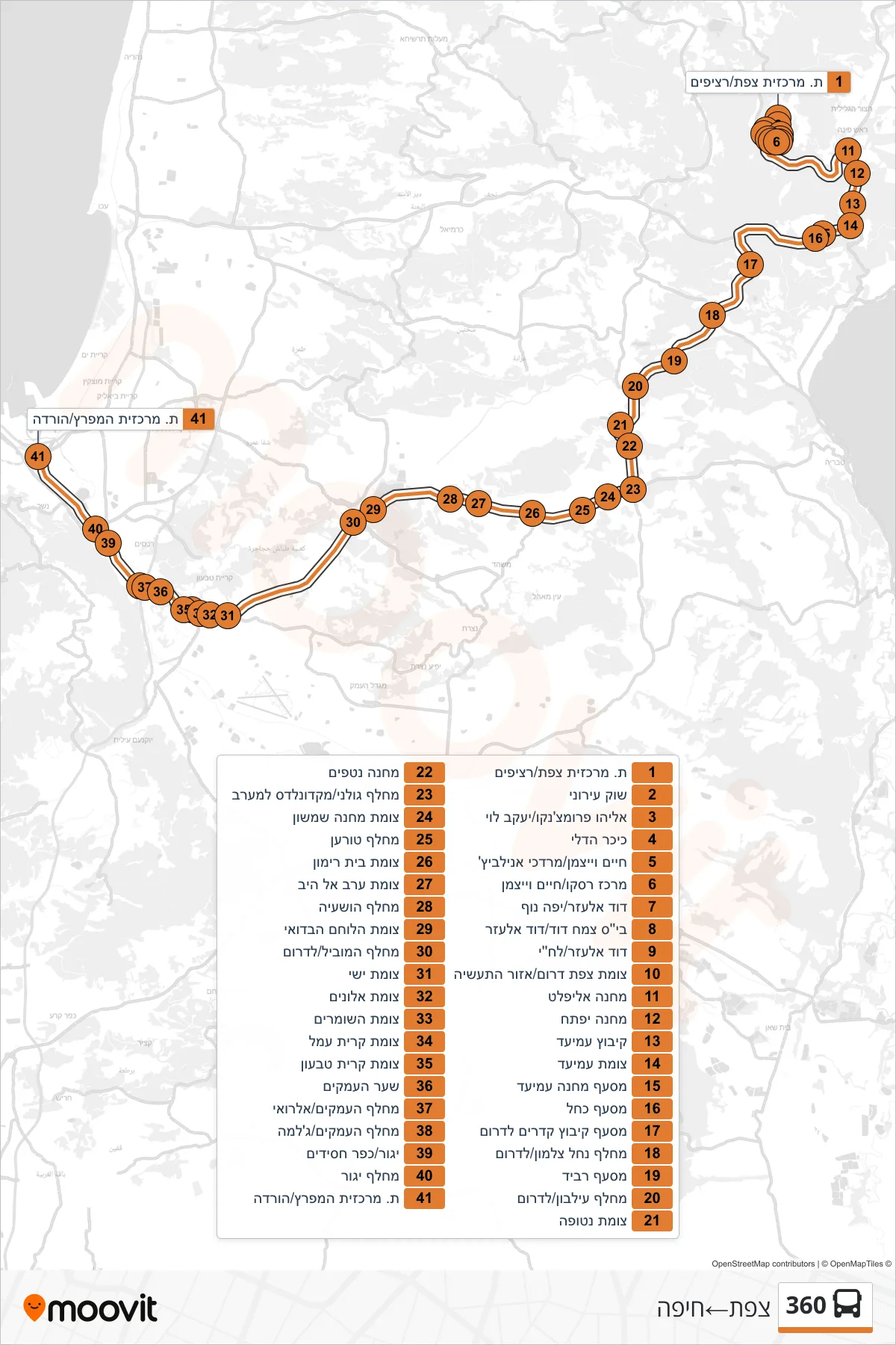 360  Line (Safed‎→Haifa) route and stops on a map
