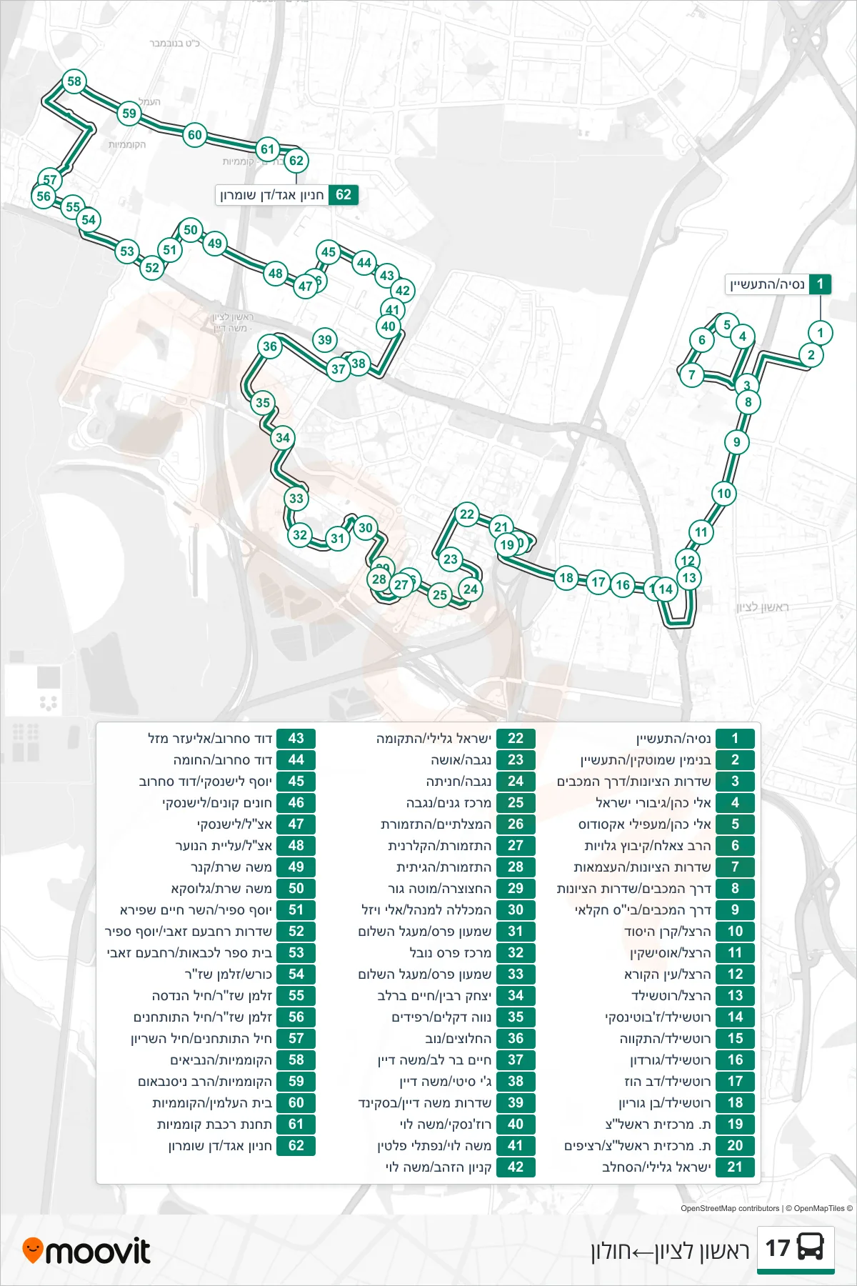 17 bus Line (Rishon LeZion→Holon) route and stops on a map