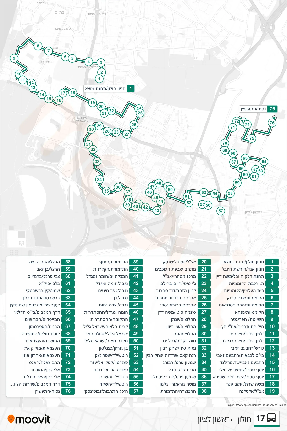 17 bus Line (Holon‎→Rishon LeZion) route and stops on a map