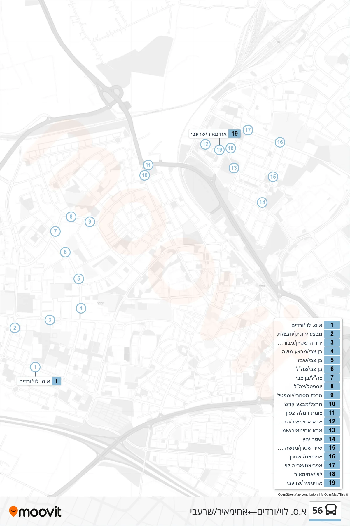 56 bus Line (A.S. Levi/Vradim‎→Achimayr/Sharabi) route and stops on a map