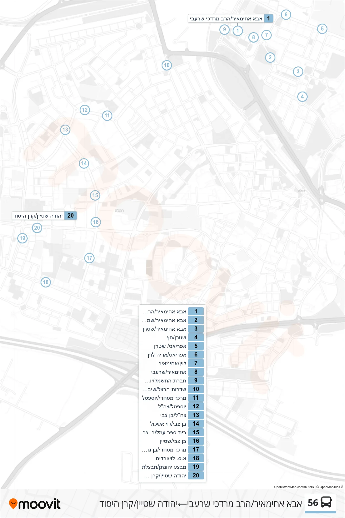 56 bus Line (Abba Ahimeir/Rabbi Mordechai Sharabi‎→Yehuda Stein/Keren HaYesod) route and stops on a map
