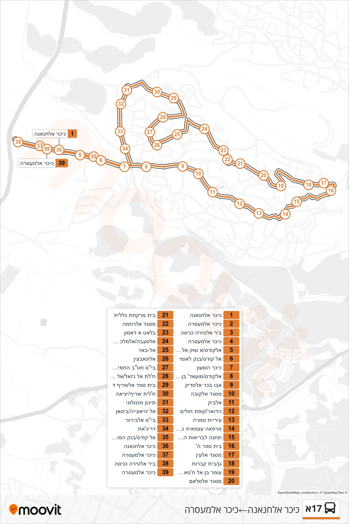 17A bus Line (Al-Hananah Square‎→Al-Masara Square) route and stops on a map