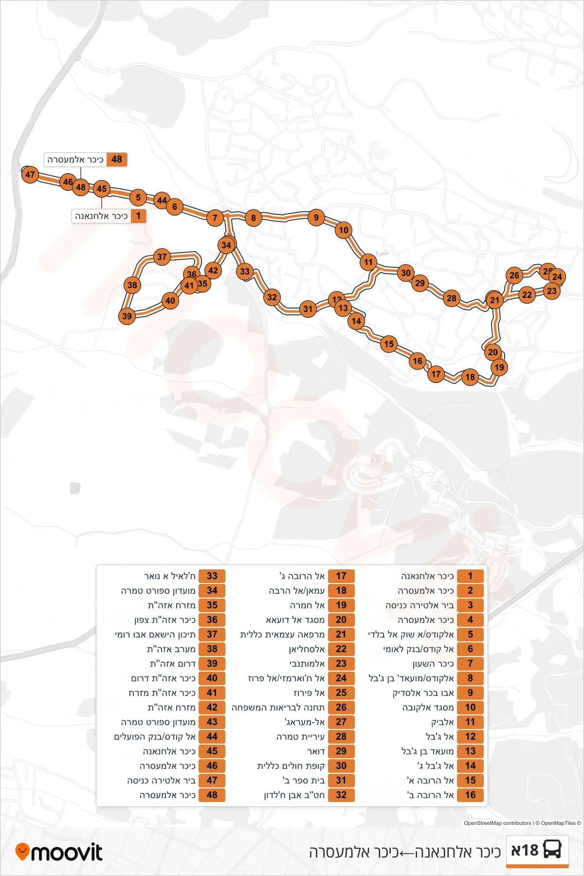 18A bus Line (Al-Hananah Square‎→Al-Masara Square) route and stops on a map