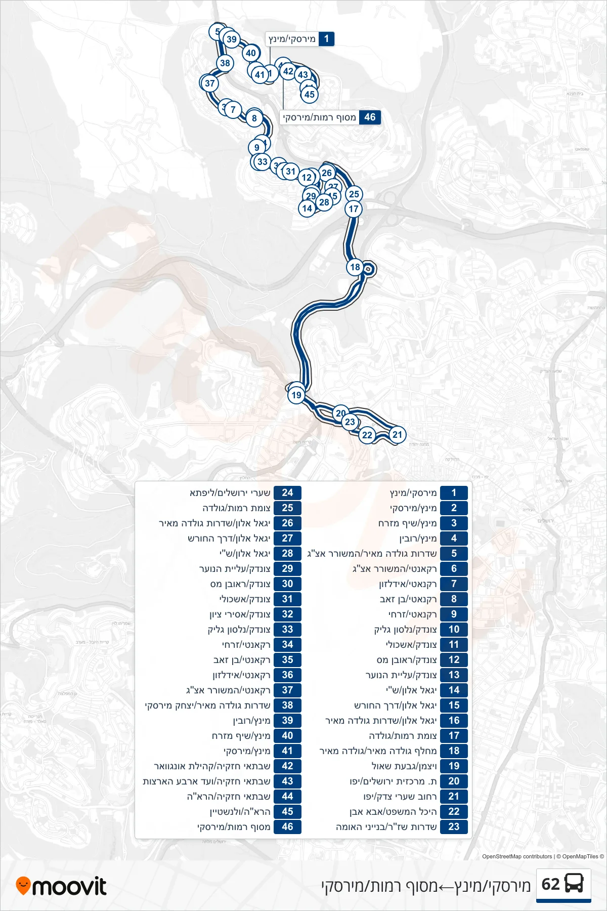 62 bus Line (Mirsky/Mintz→Ramot Terminal/Mirsky) route and stops on a map