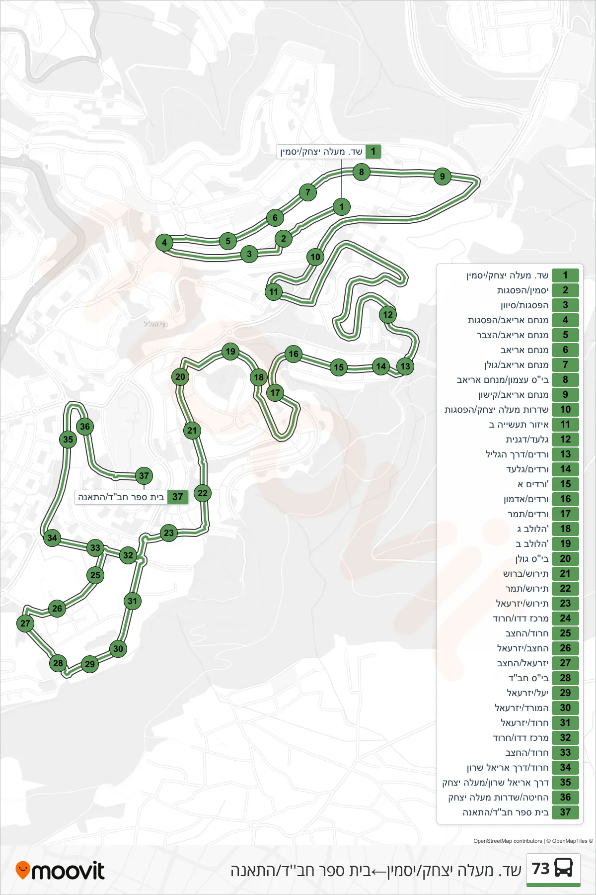 73  Line (Ma'ale Yitzhak Boulevard/Yasmin‎→Chabad School/HaTeena) route and stops on a map