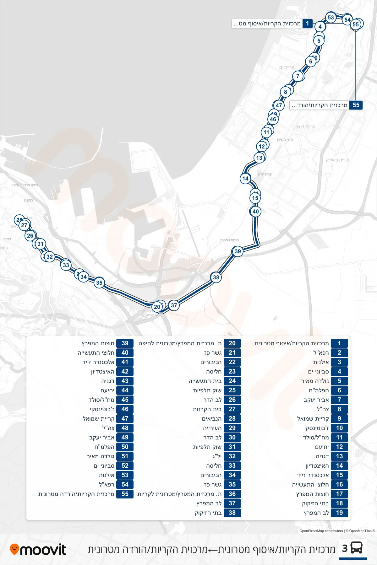 3 bus Line (Krayot Central/Metronit Pickup‎→Kiryot Central Station/Metronit Drop-off) route and stops on a map