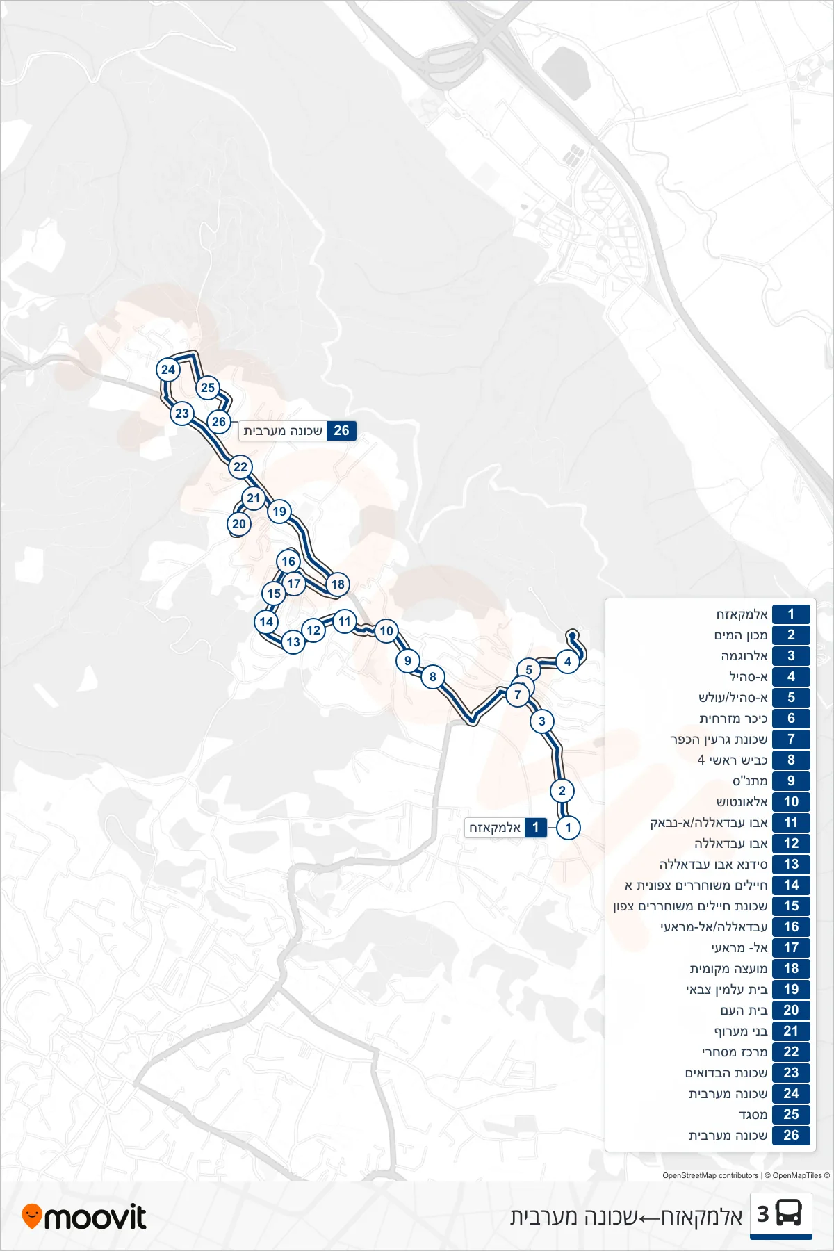 3 bus Line (Al-Makazeh‎→Western Neighborhood) route and stops on a map