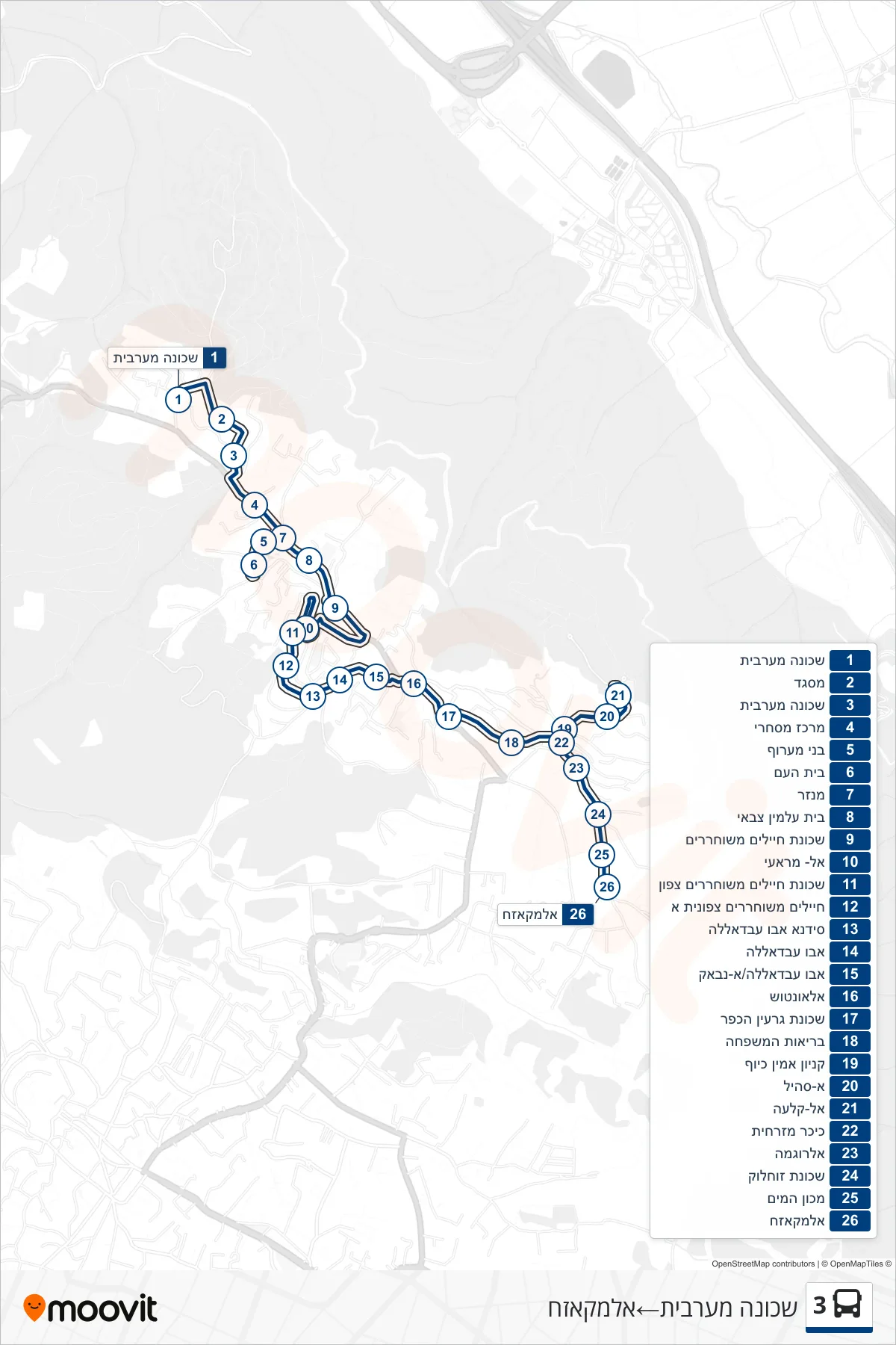 3 bus Line (Western Neighborhood‎→Al-Makazeh) route and stops on a map