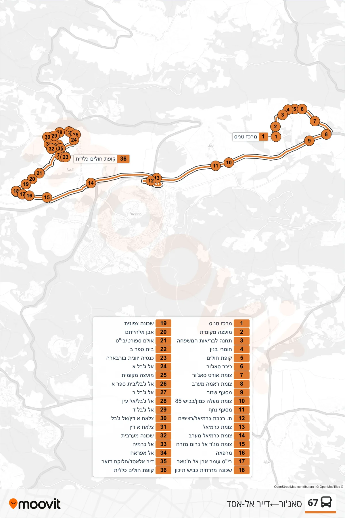 67  Line (Sajur‎→Deir al-Asad) route and stops on a map