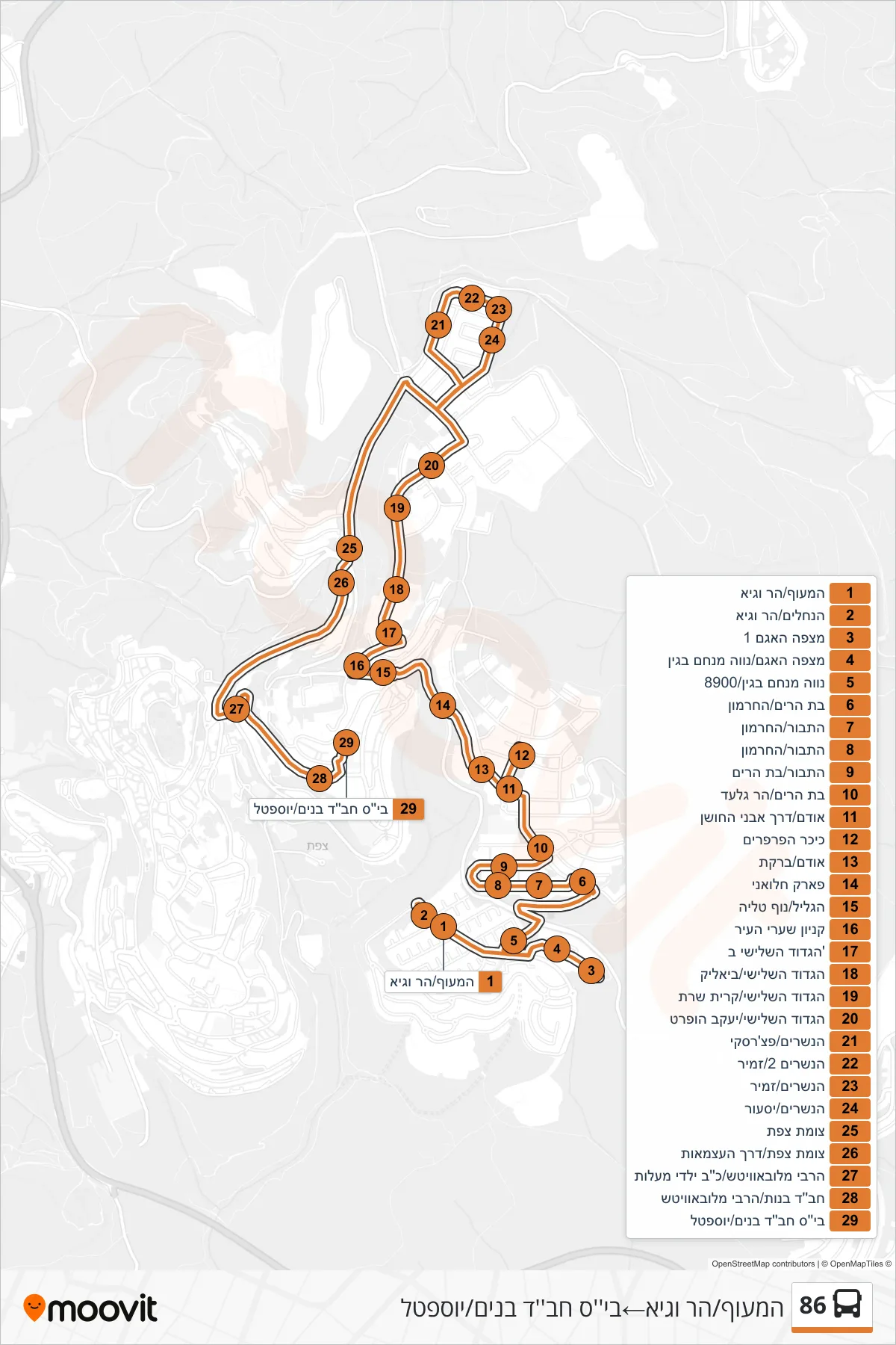 86 bus Line (HaMa'of/Har VeGai‎→בי''ס חב''ד בנים/יוספטל) route and stops on a map