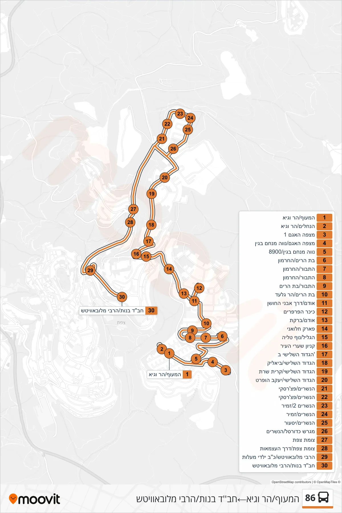 86 bus Line (HaMa'of/Har VeGai‎→Chabad Girls/Lubavitcher Rebbe) route and stops on a map