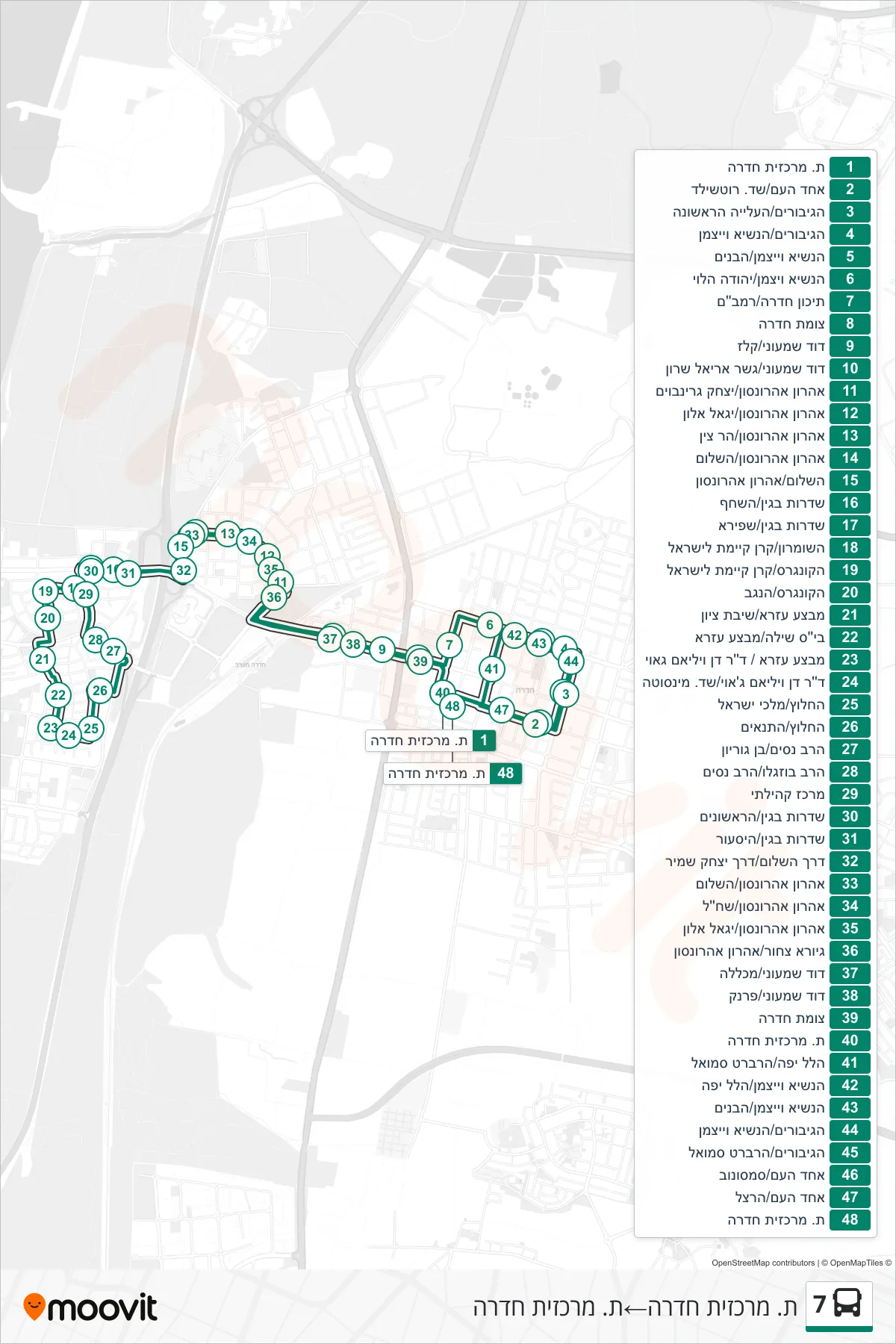 7  Line (Hadera Central Station‎→Hadera Central Station) route and stops on a map