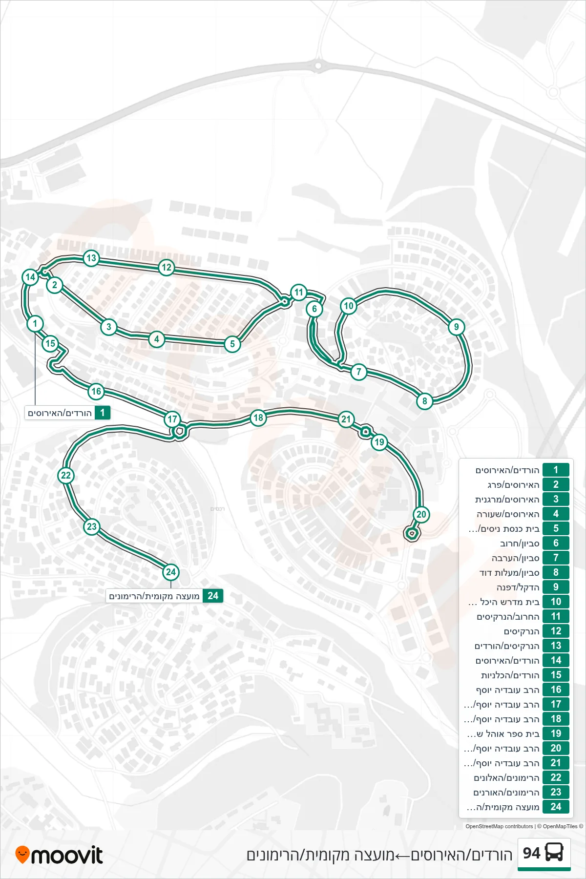 94 bus Line (HaVradim/HaIrisim‎→Local Council/HaRimonim) route and stops on a map