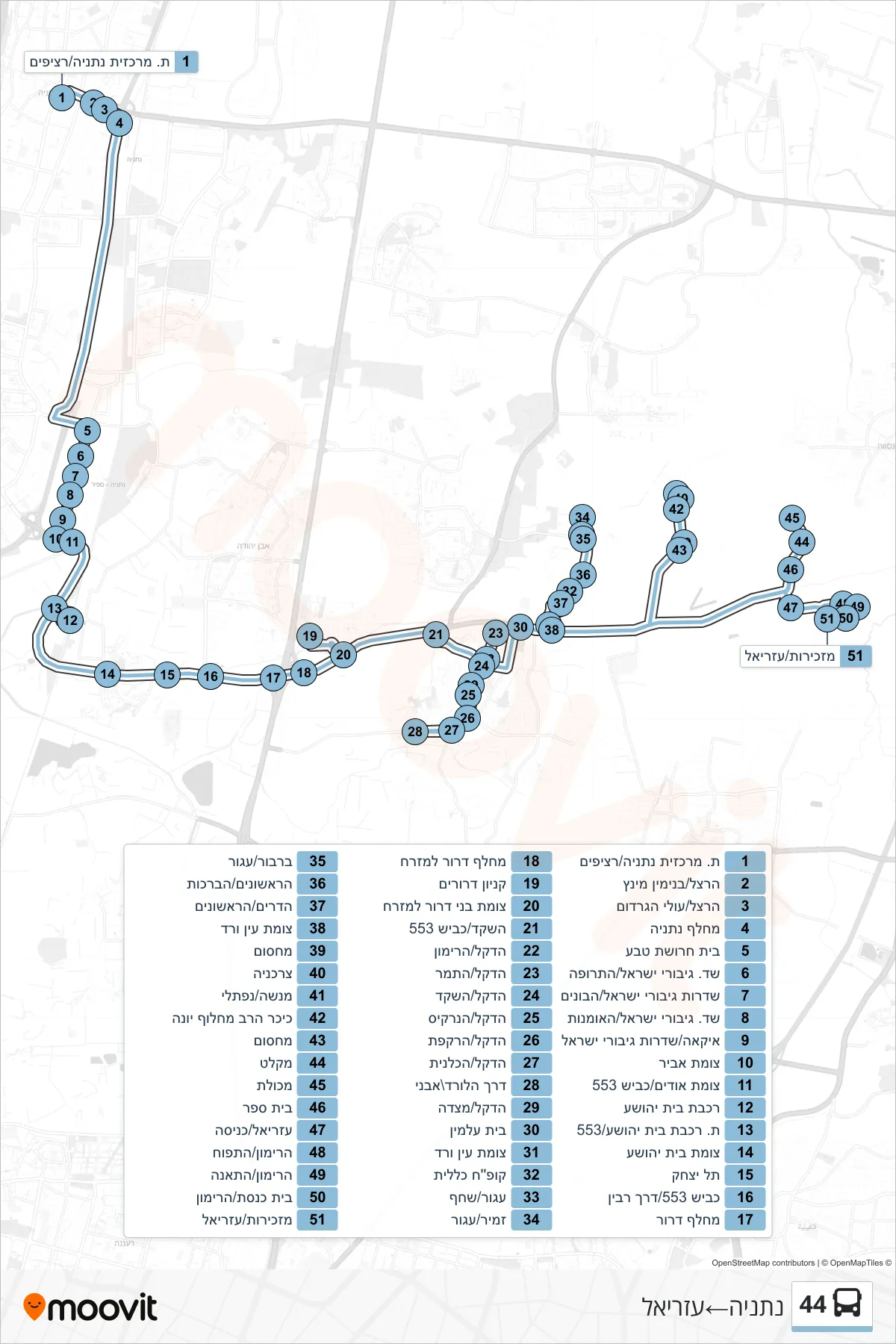 44 bus Line (Netanya‎→Azriel) route and stops on a map