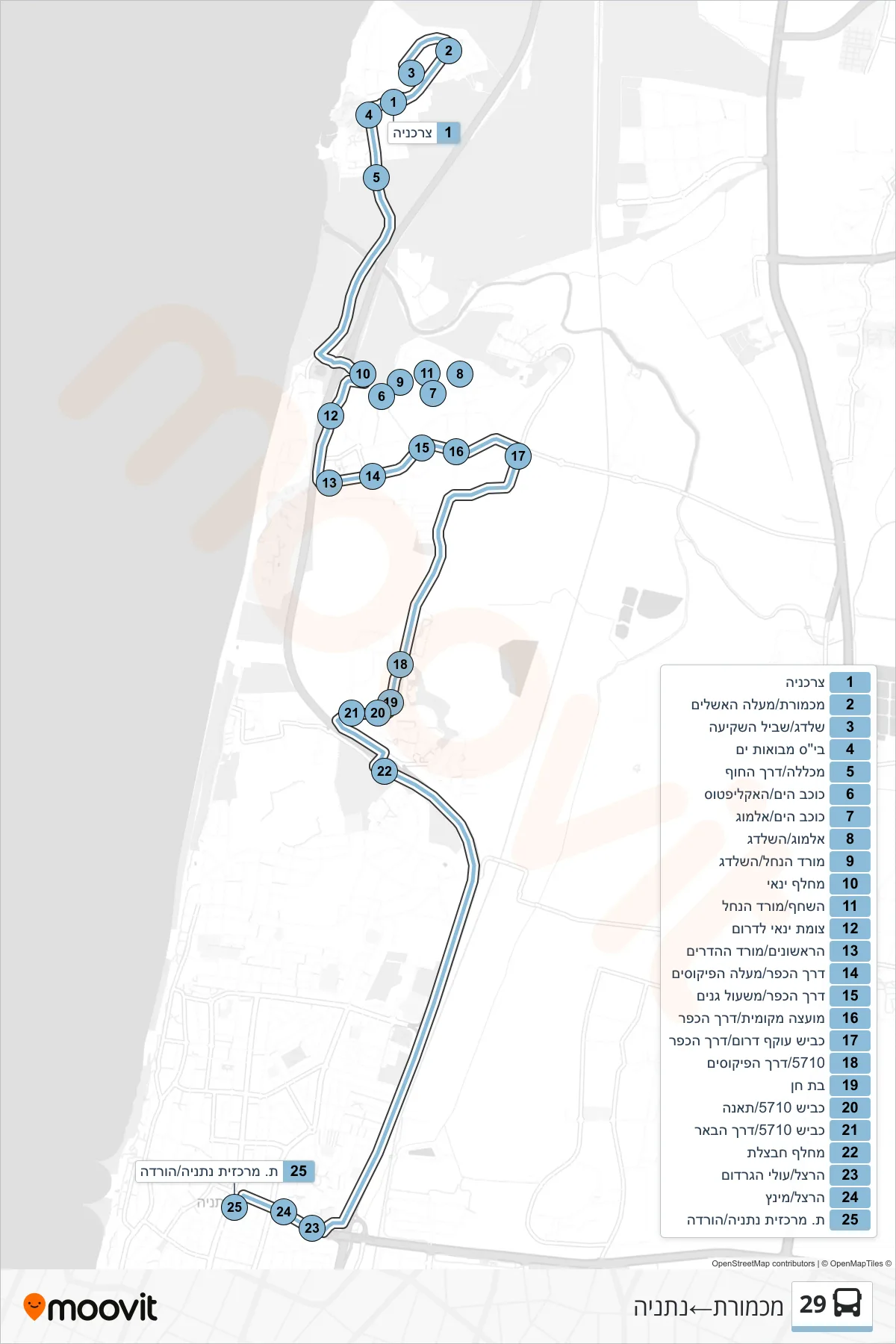 29 bus Line (Mikhmoret‎→Netanya) route and stops on a map