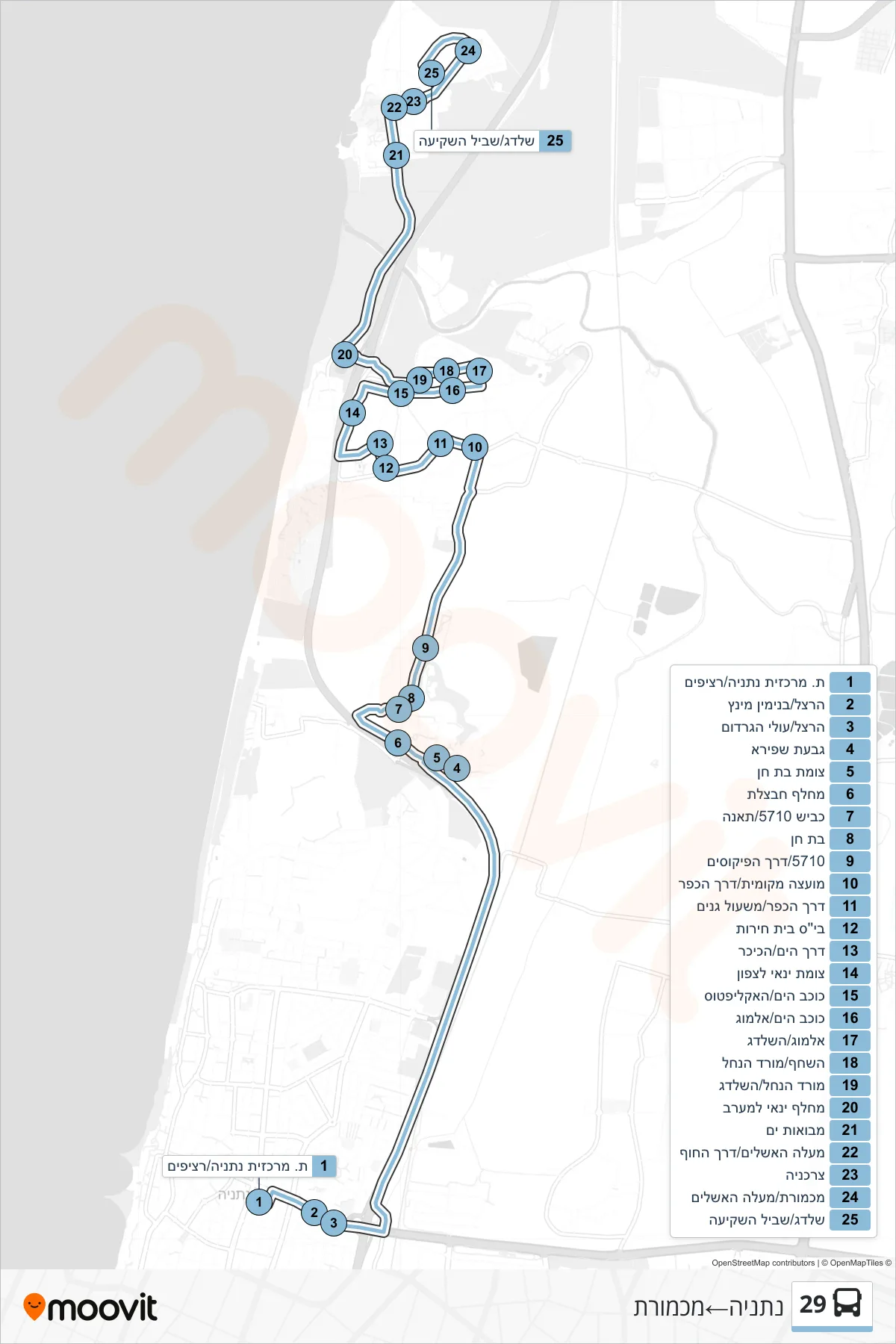 29 bus Line (Netanya‎→Mikhmoret) route and stops on a map