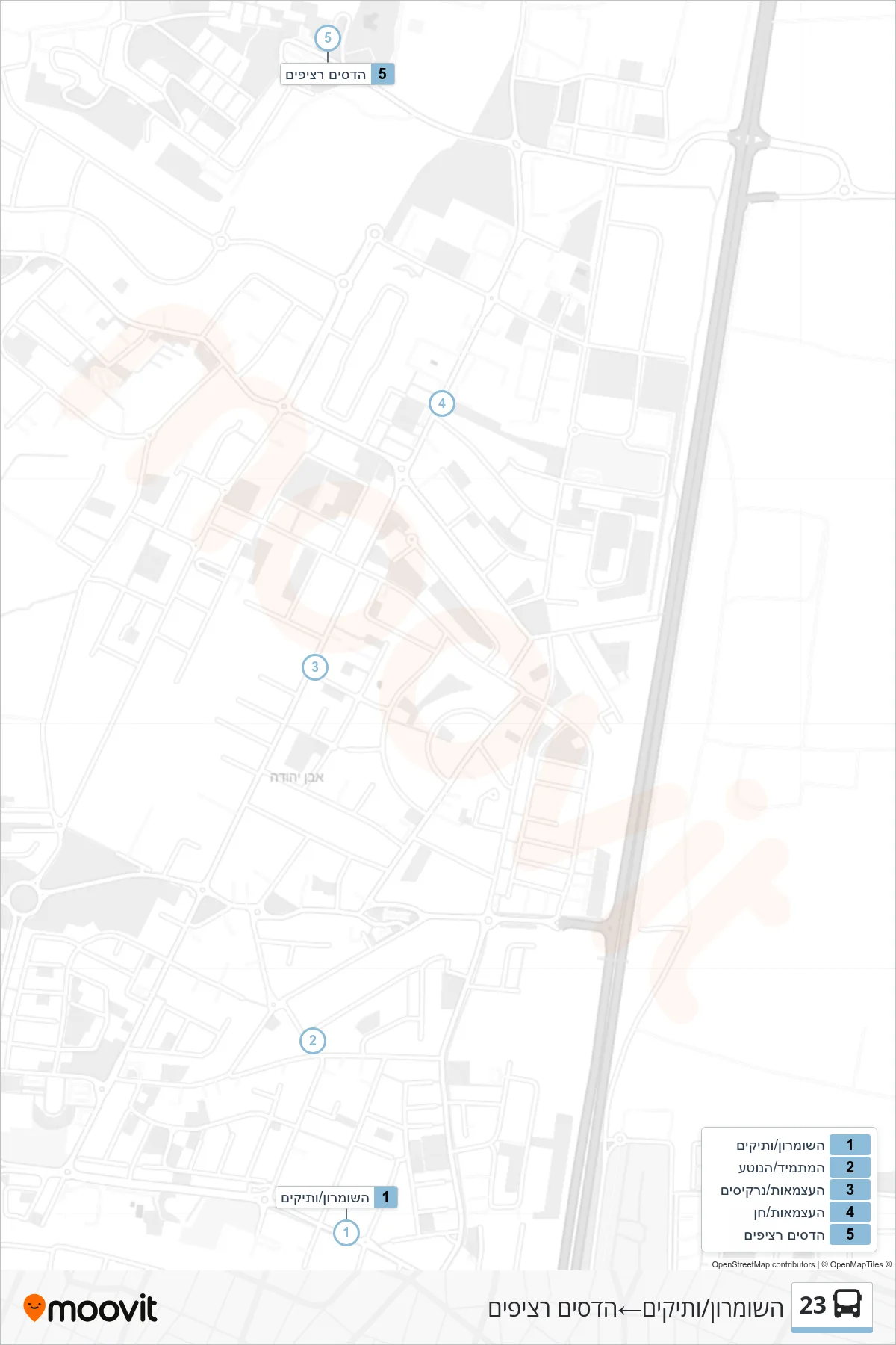 23 bus Line (HaShomron/Vatikim‎→Hadasim Platforms) route and stops on a map