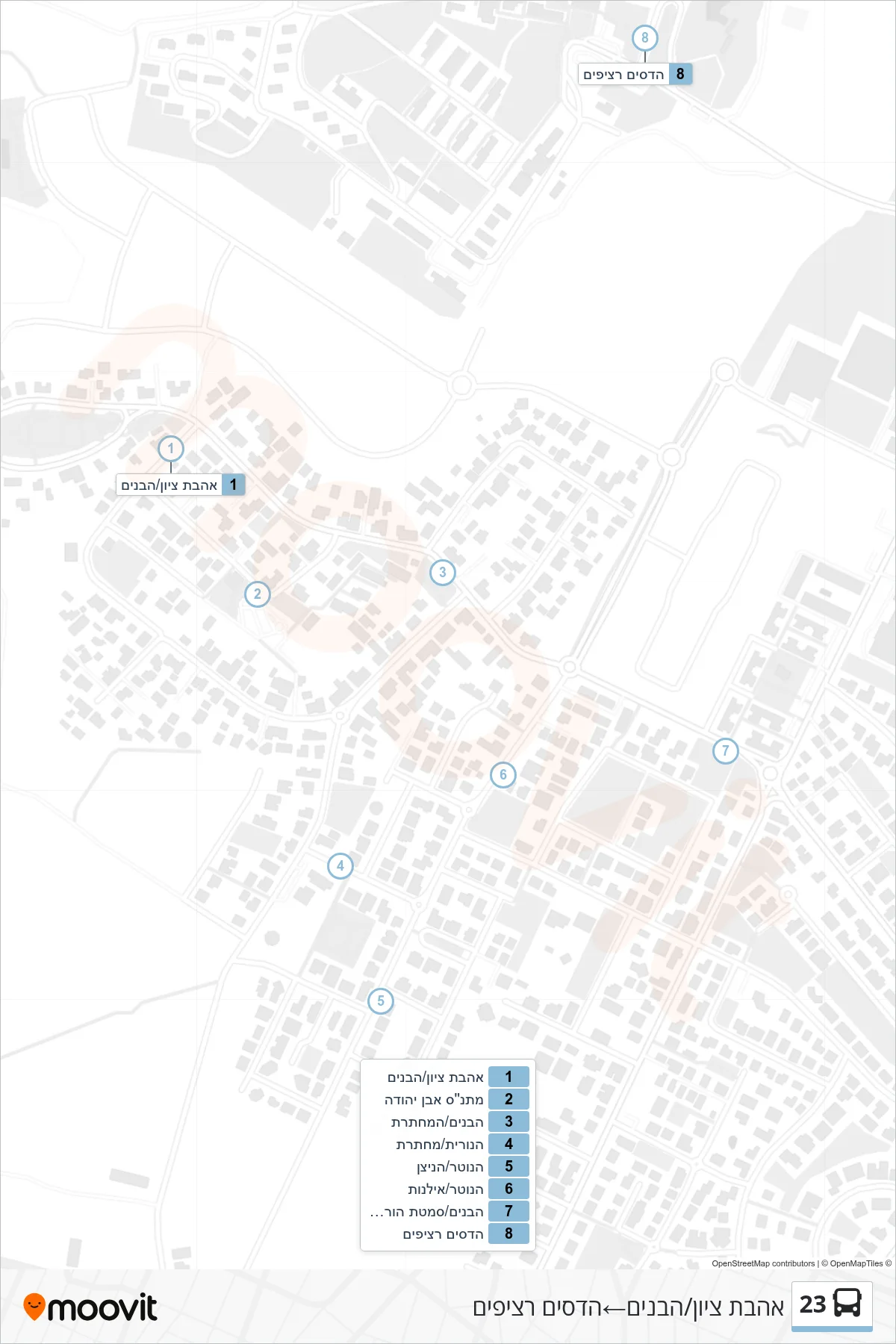 23 bus Line (Ahavat Zion/HaBanim‎→Hadasim Platforms) route and stops on a map
