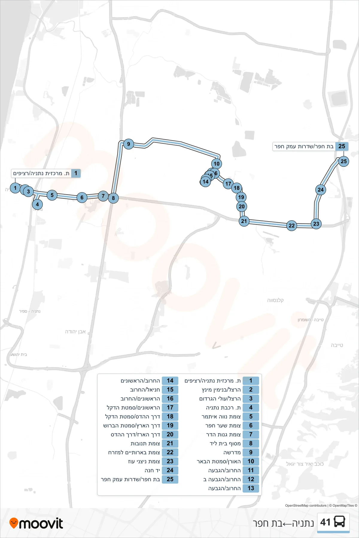 41 bus Line (Netanya→Bat Hefer) route and stops on a map