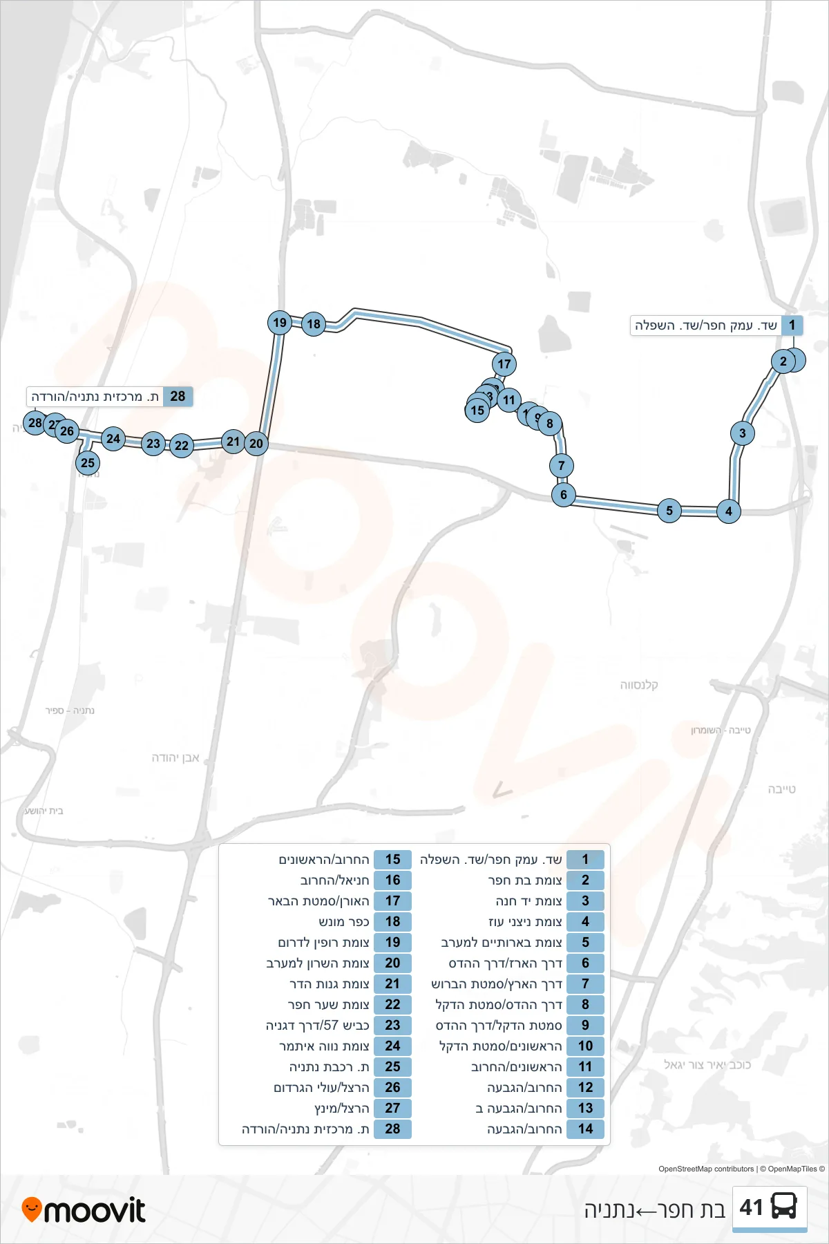 41 bus Line (Bat Hefer‎→Netanya) route and stops on a map