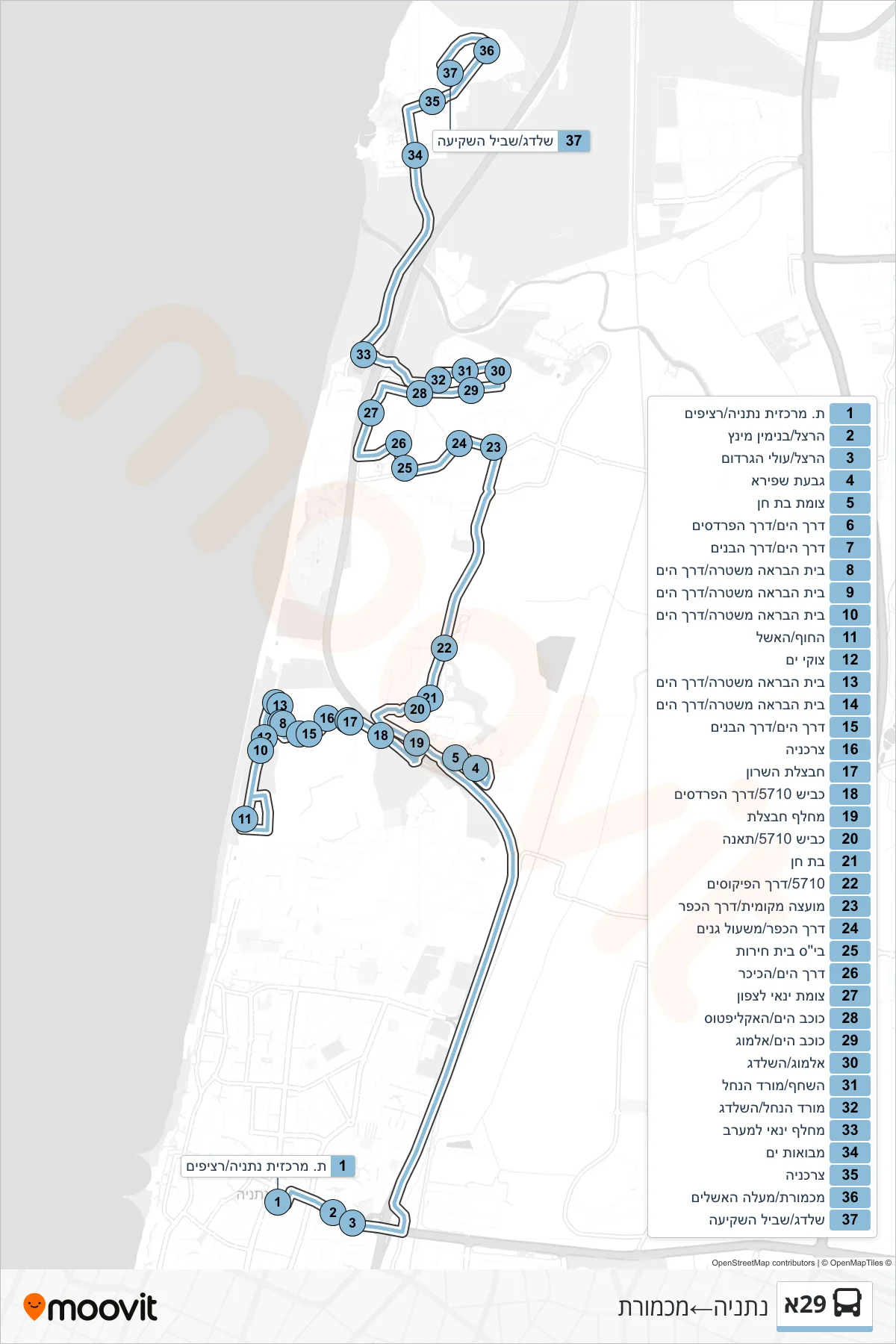 29A bus Line (Netanya→Mikhmoret) route and stops on a map