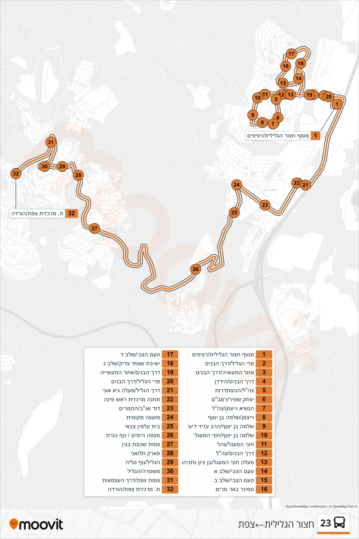 23 bus Line (Hatzor HaGlilit‎→Safed) route and stops on a map