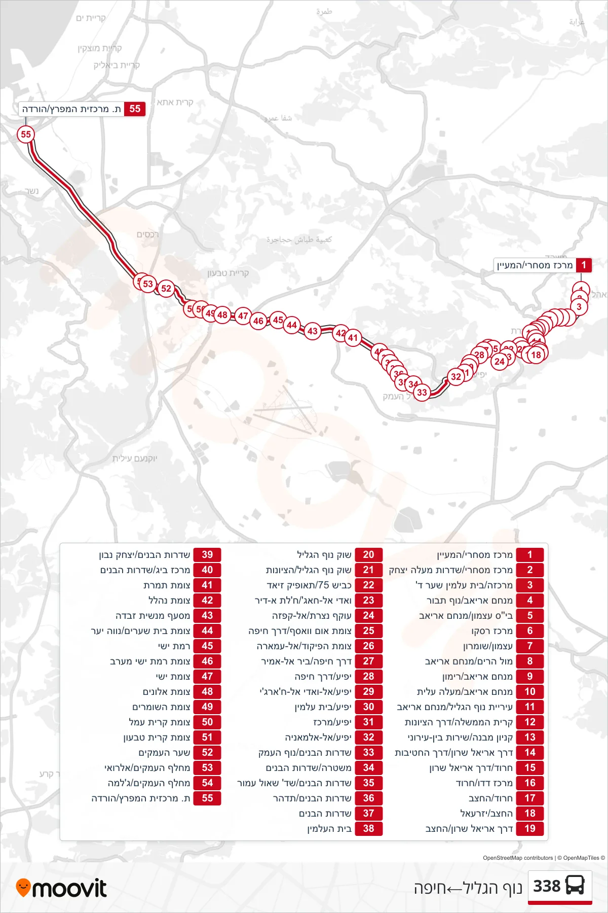 338 bus Line (Nof HaGalil‎→Haifa) route and stops on a map