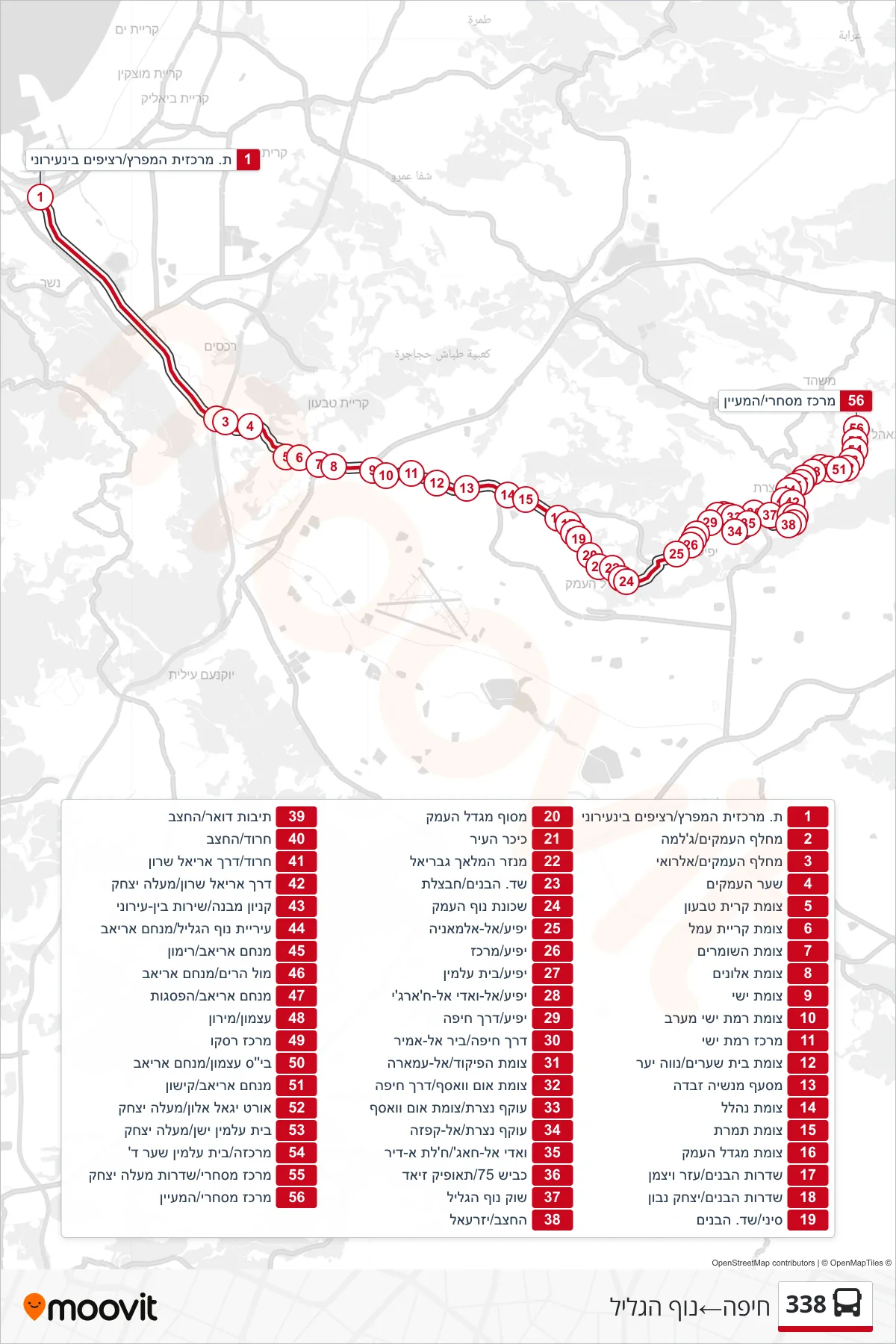 338 bus Line (Haifa‎→Nof HaGalil) route and stops on a map