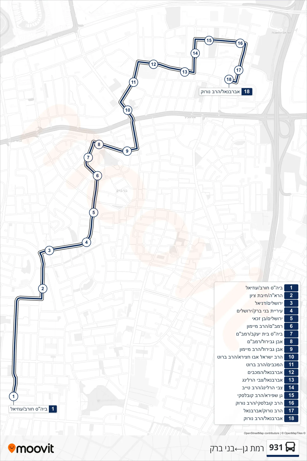 931 bus Line (Ramat Gan‎→Bnei Brak) route and stops on a map