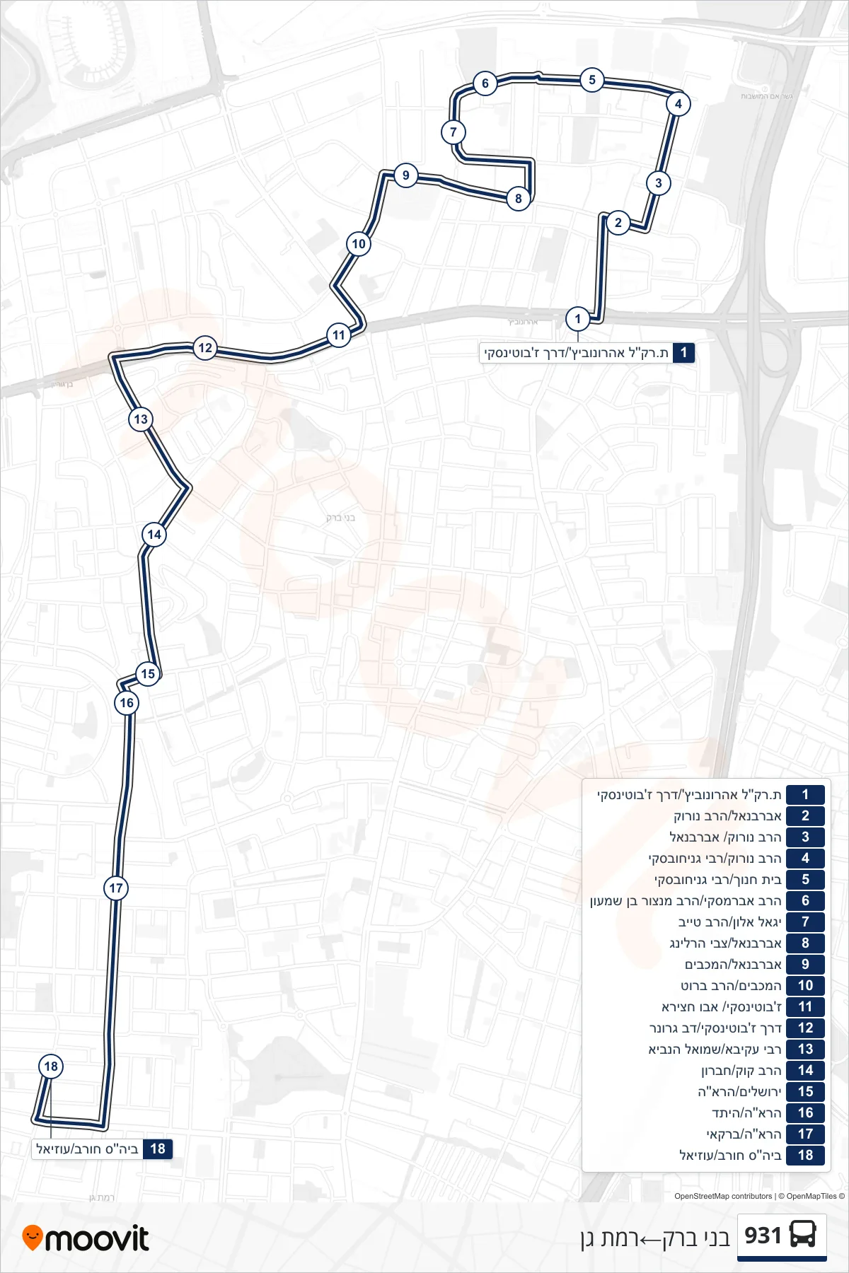 931 bus Line (Bnei Brak‎→Ramat Gan) route and stops on a map