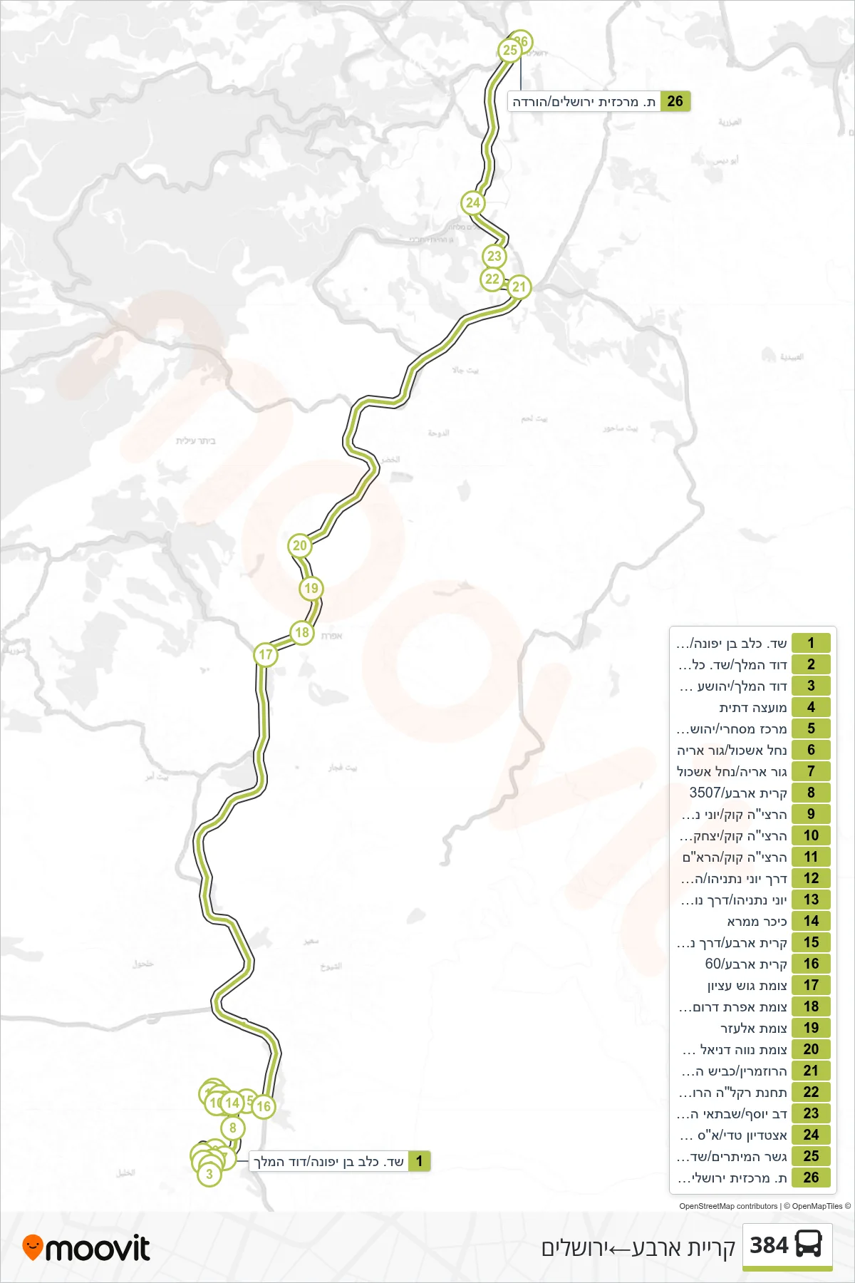 384 bus Line (Kiryat Arba‎→Jerusalem) route and stops on a map