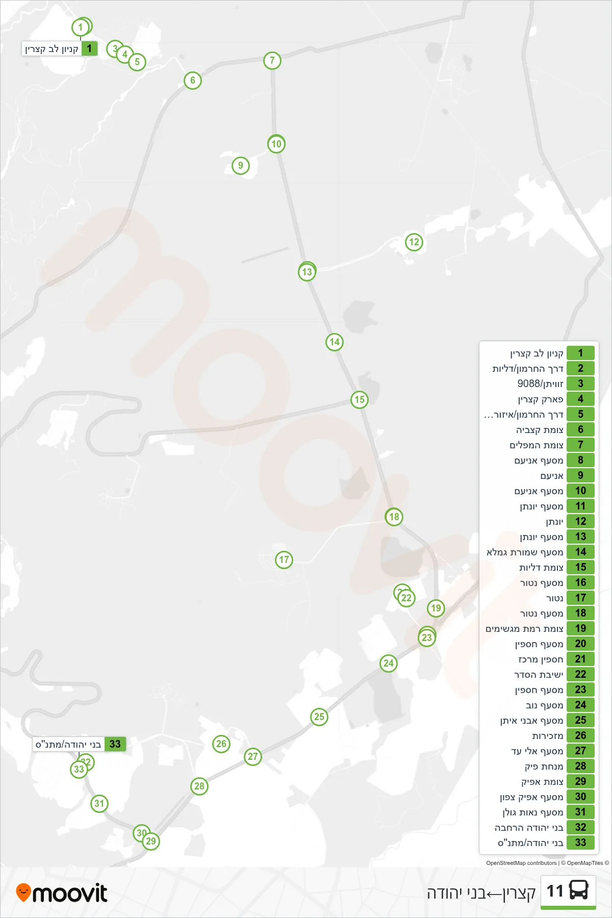 11 bus Line (Katzrin‎→Bnei Yehuda) route and stops on a map