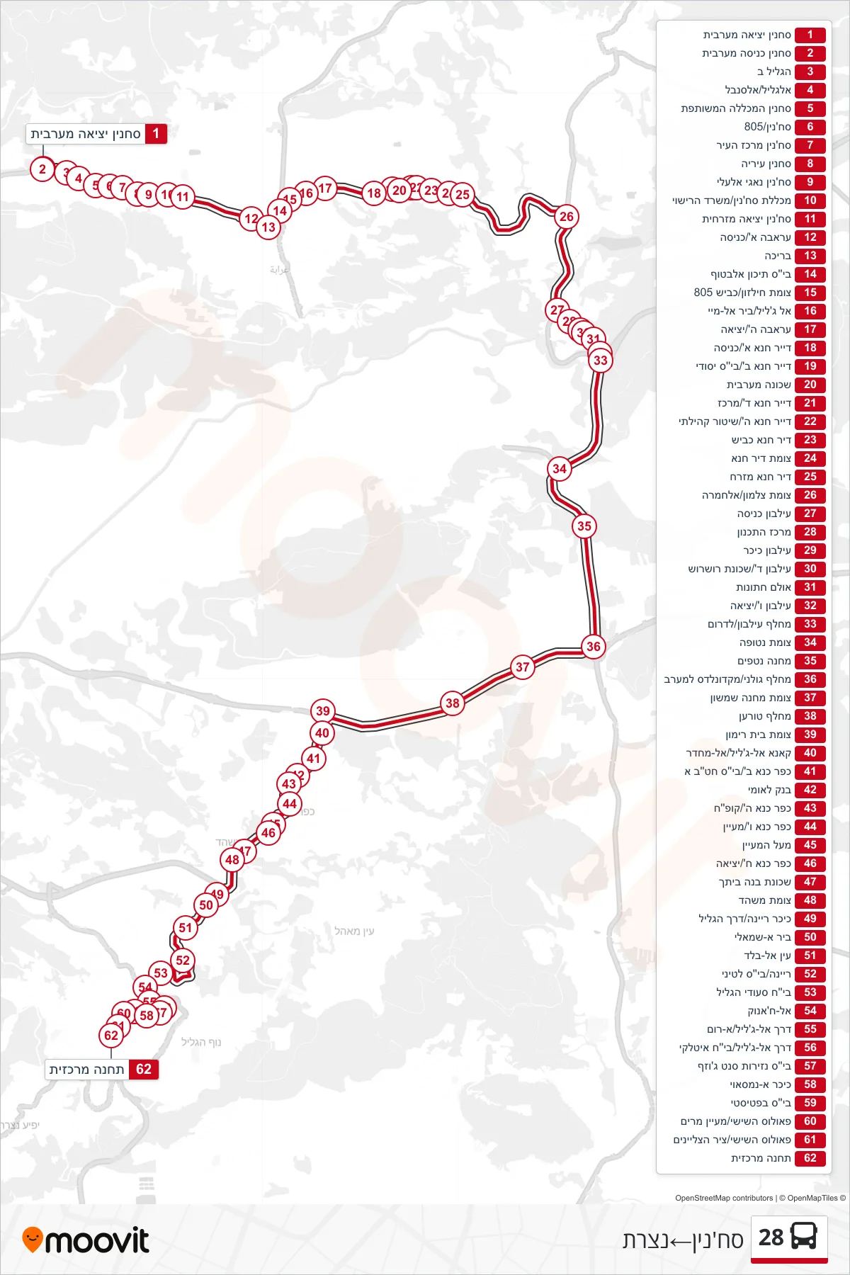 28  Line (Sakhnin‎→Nazareth) route and stops on a map
