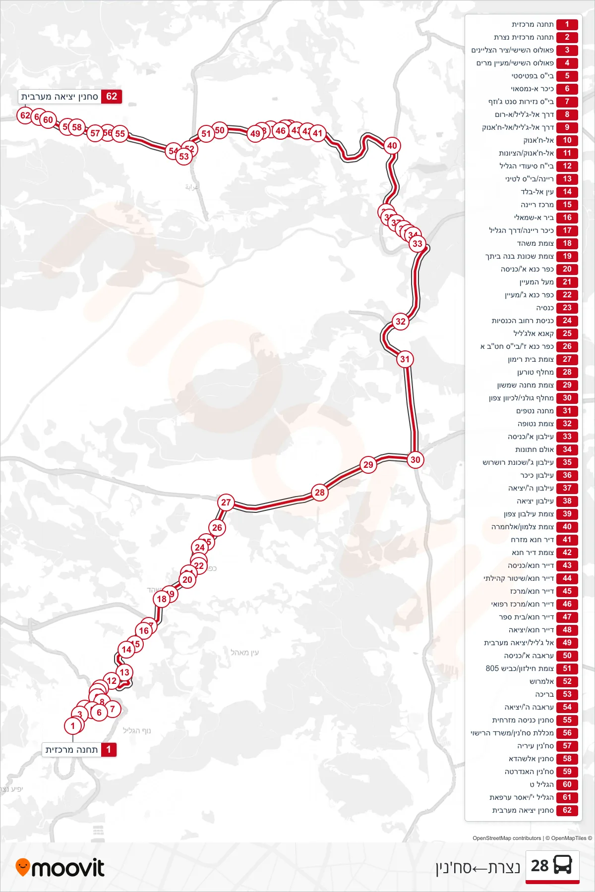 28 bus Line (Nazareth‎→Sakhnin) route and stops on a map