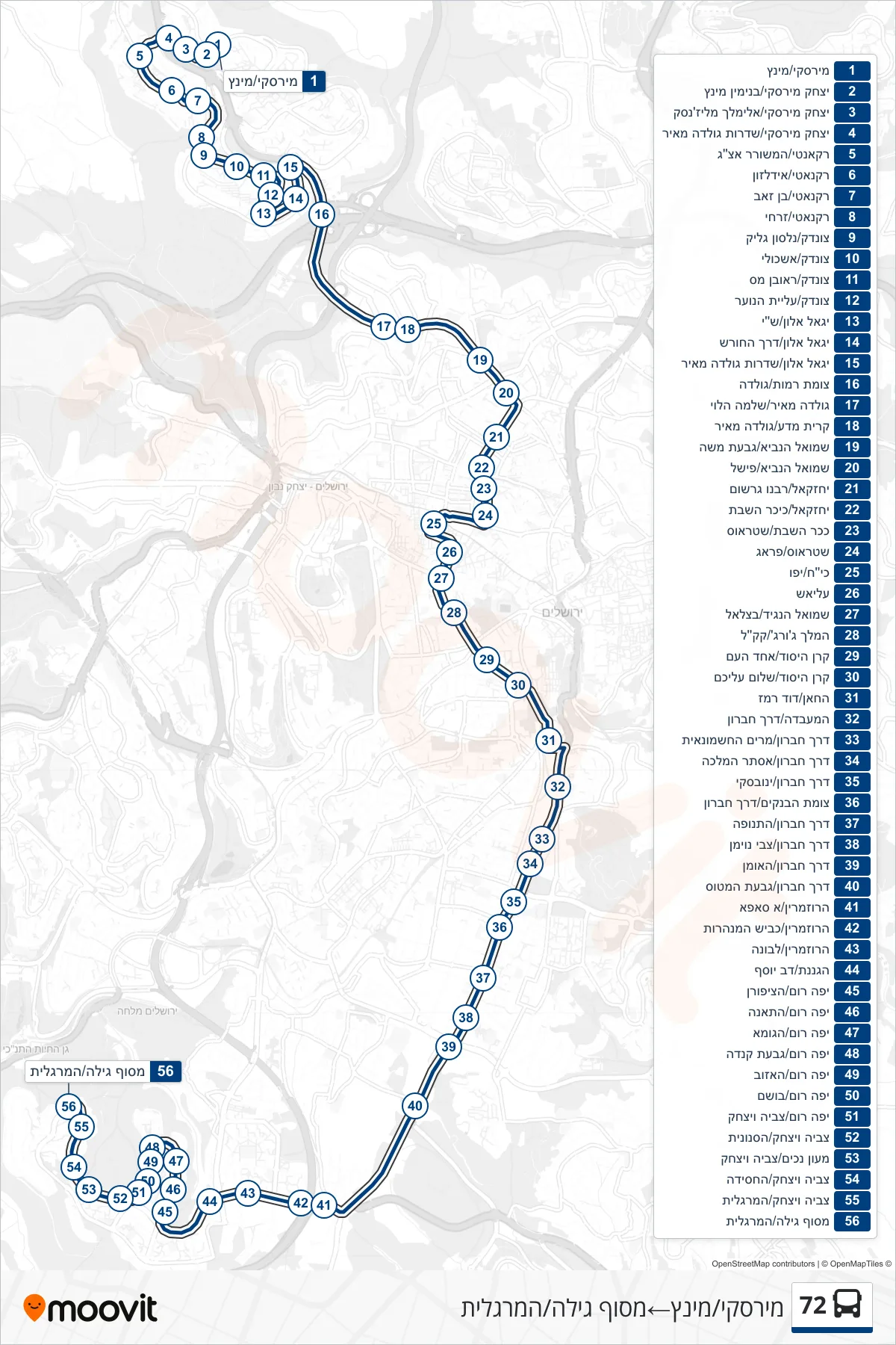 72 bus Line (Mirsky/Mintz‎→Gilo Terminal/HaMargalit) route and stops on a map