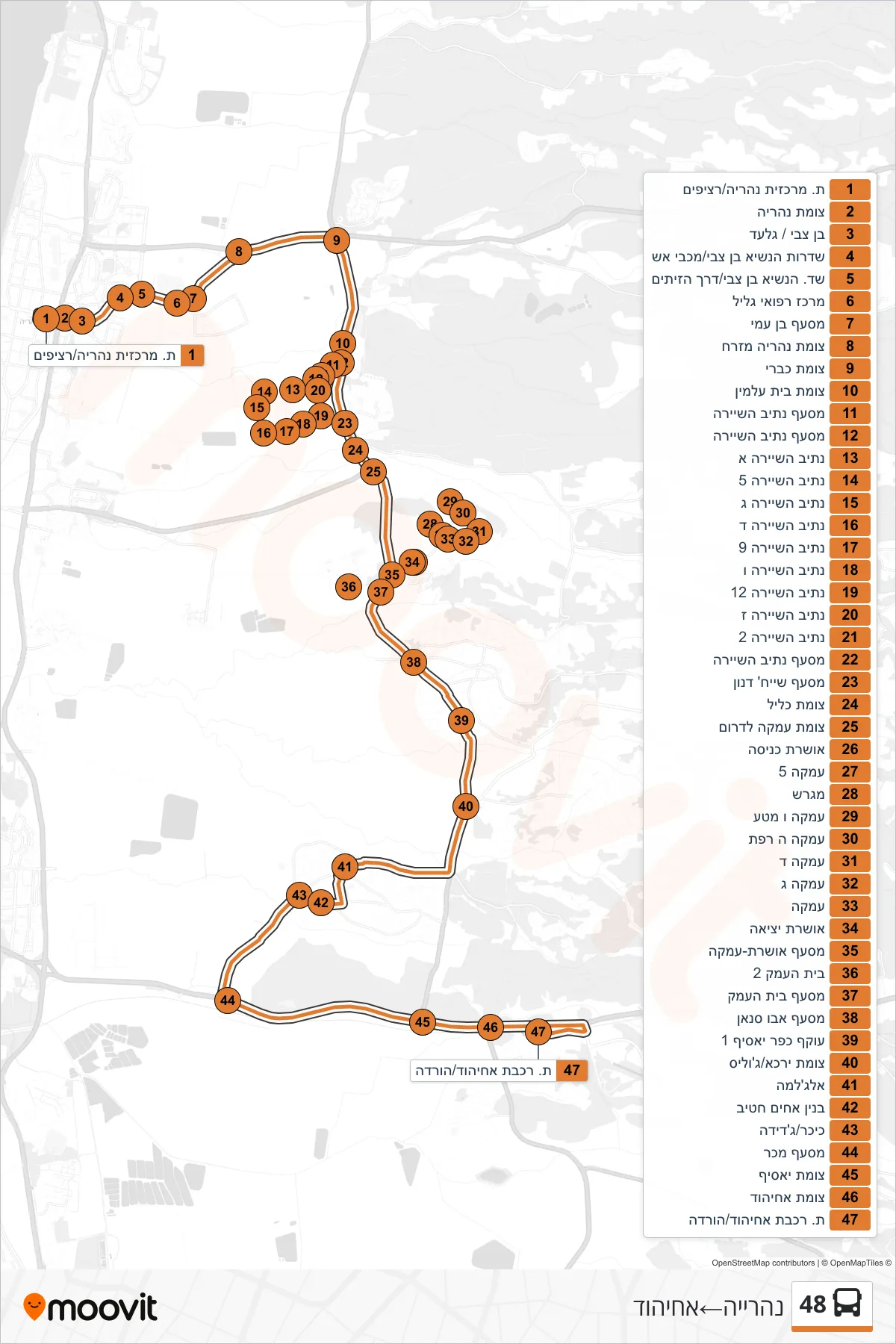 48  Line (Nahariya‎→Ahihud) route and stops on a map