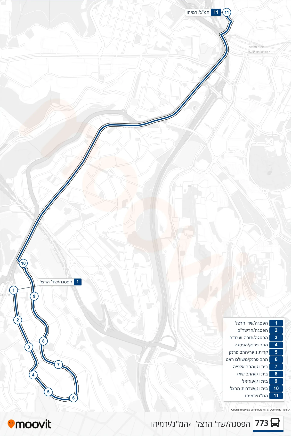 773 bus Line (HaPisga/Herzl Boulevard‎→HaMag/Yirmiyahu) route and stops on a map