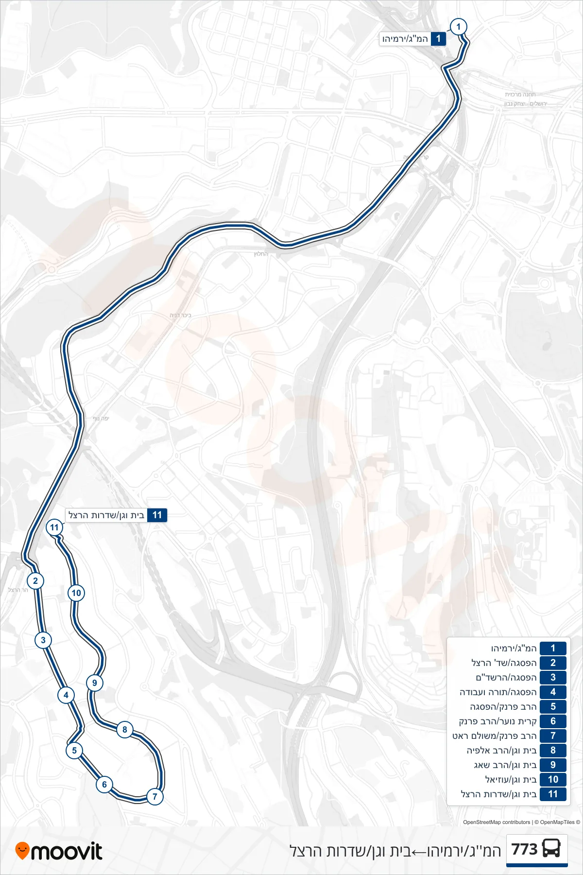 773 bus Line (HaMag/Yirmiyahu‎→Beit Vegan/Herzl Boulevard) route and stops on a map