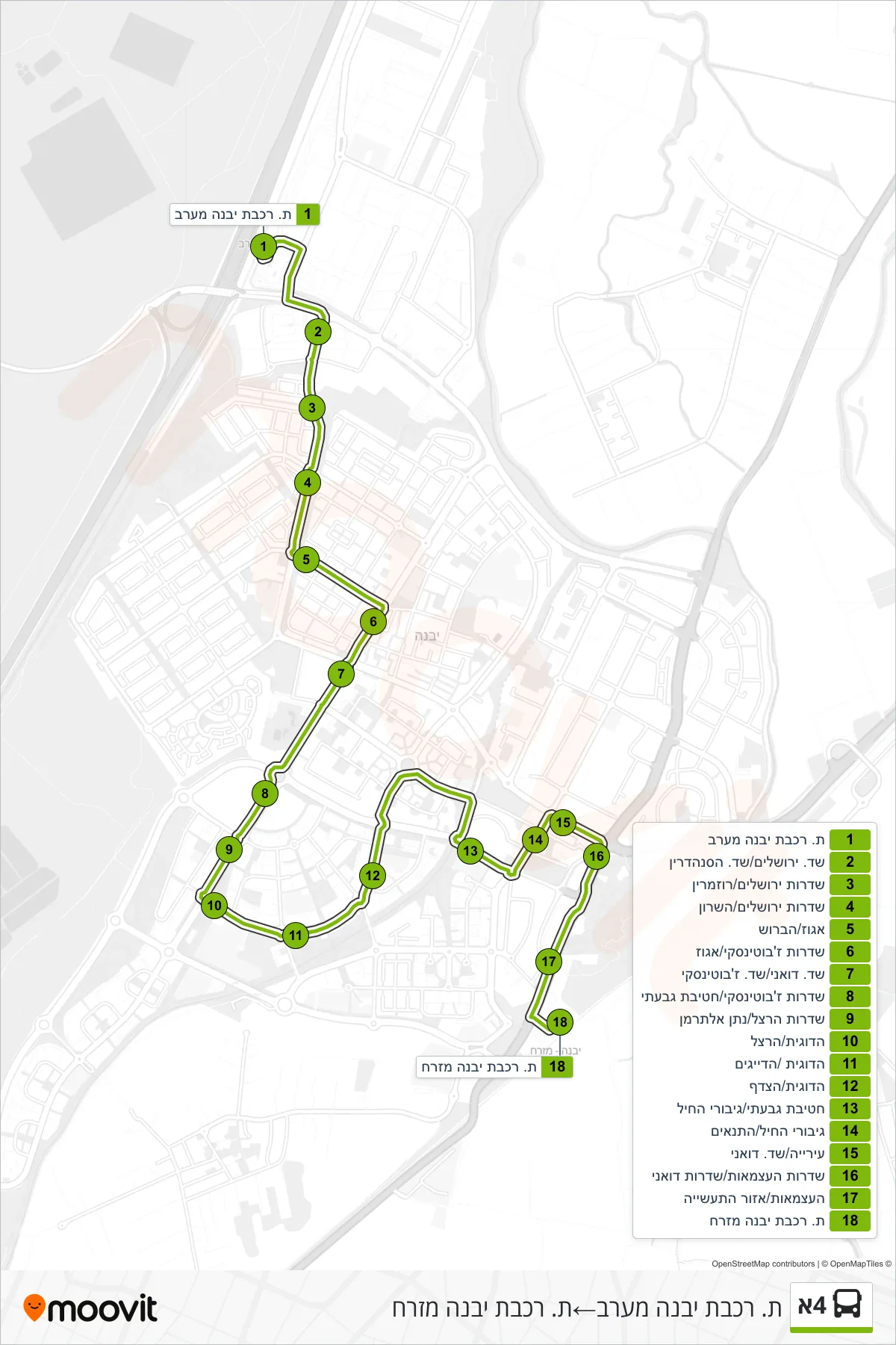 4A  Line (Yavne West Railway Station‎→Yavne East Railway Station) route and stops on a map