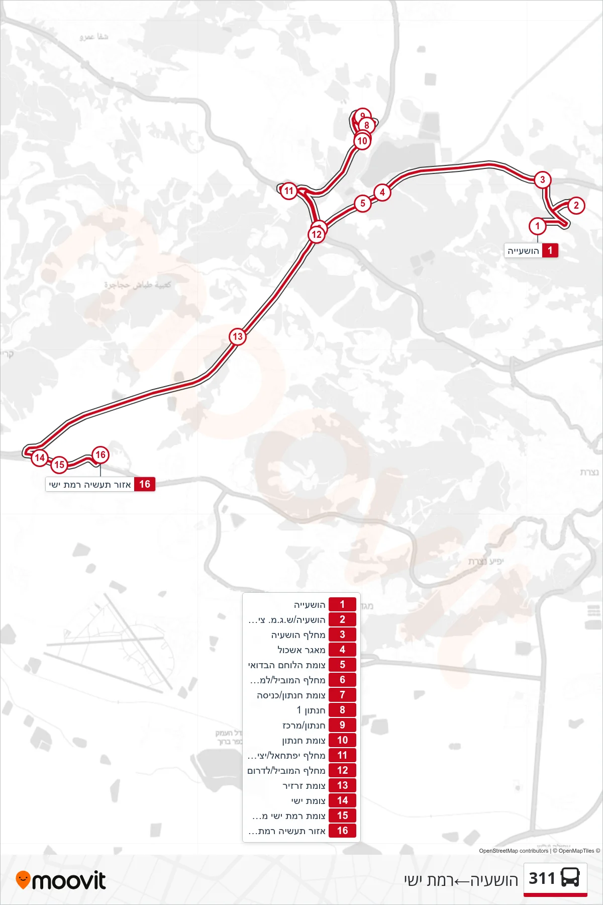 311 bus Line (Hoshaya‎→Ramat Yishai) route and stops on a map