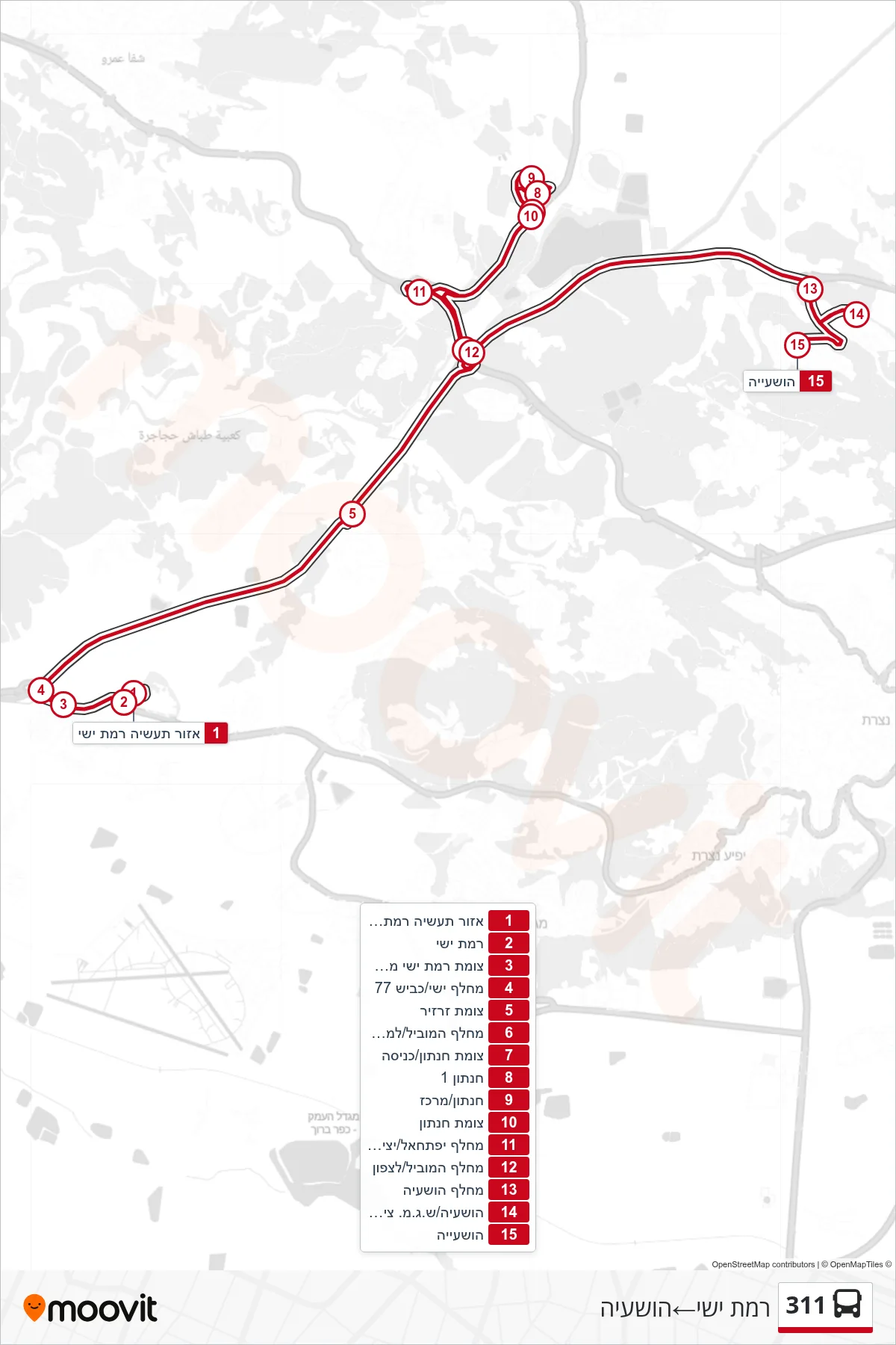 311  Line (Ramat Yishai‎→Hoshaya) route and stops on a map