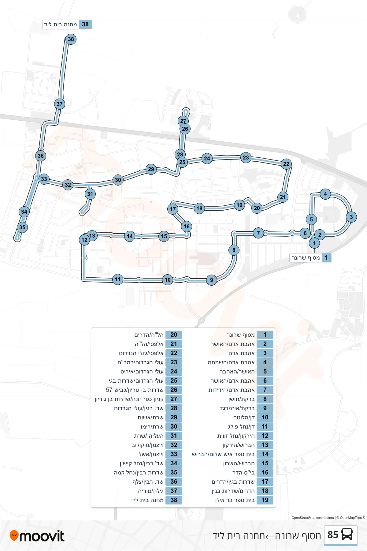 85 bus Line (Sharona Terminal‎→Camp Beit Lid) route and stops on a map