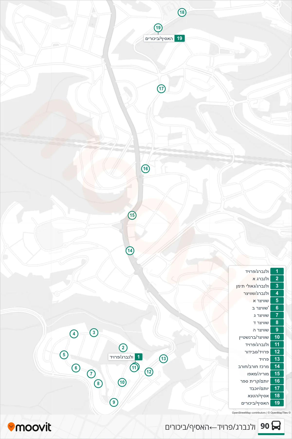 90 bus Line (Walenberg/Freud‎→HaAsif/Bikurim) route and stops on a map