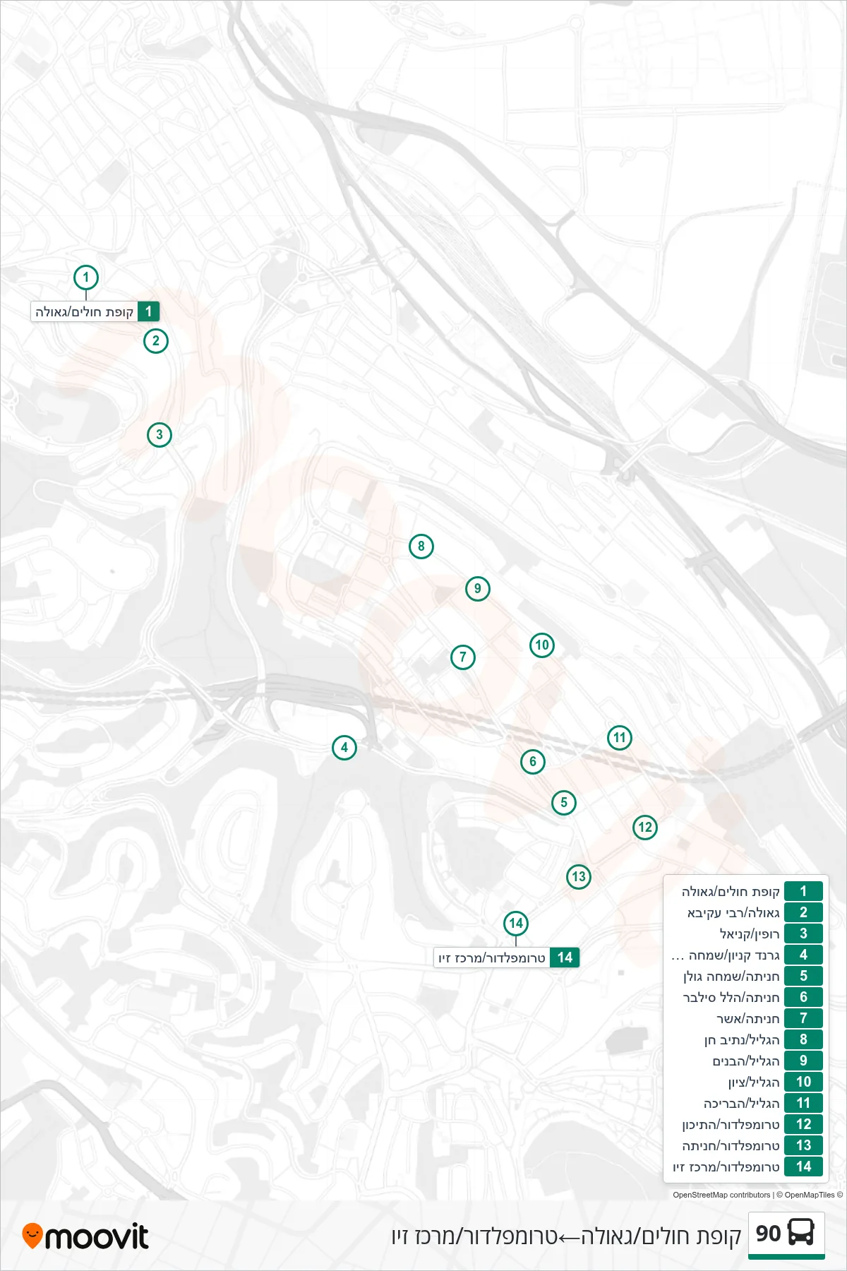 90  Line (Health Clinic/Geula‎→Trumpeldor/Ziv Center) route and stops on a map