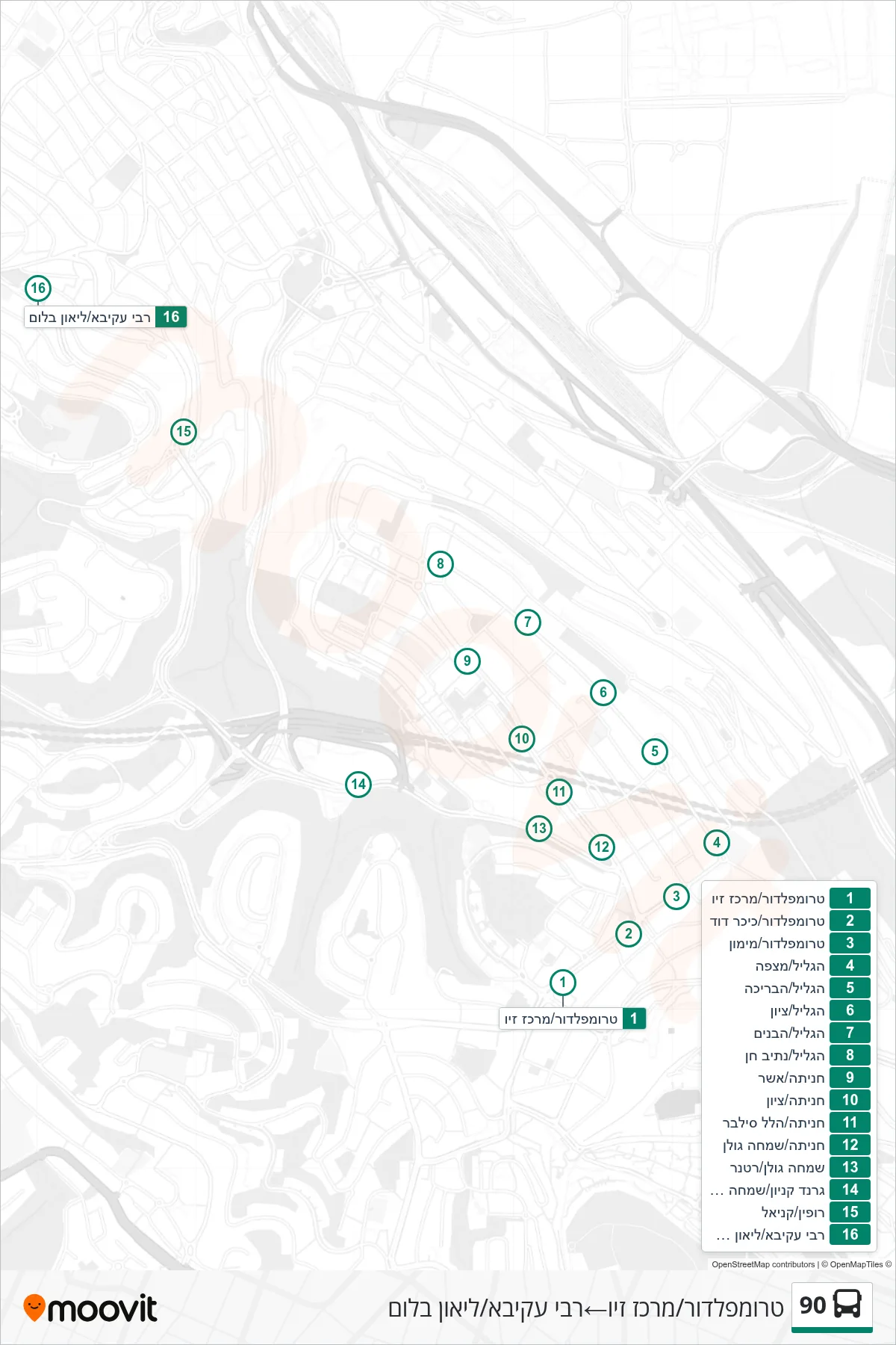 90 bus Line (Trumpeldor/Ziv Center‎→Rabbi Akiva/Leon Blum) route and stops on a map
