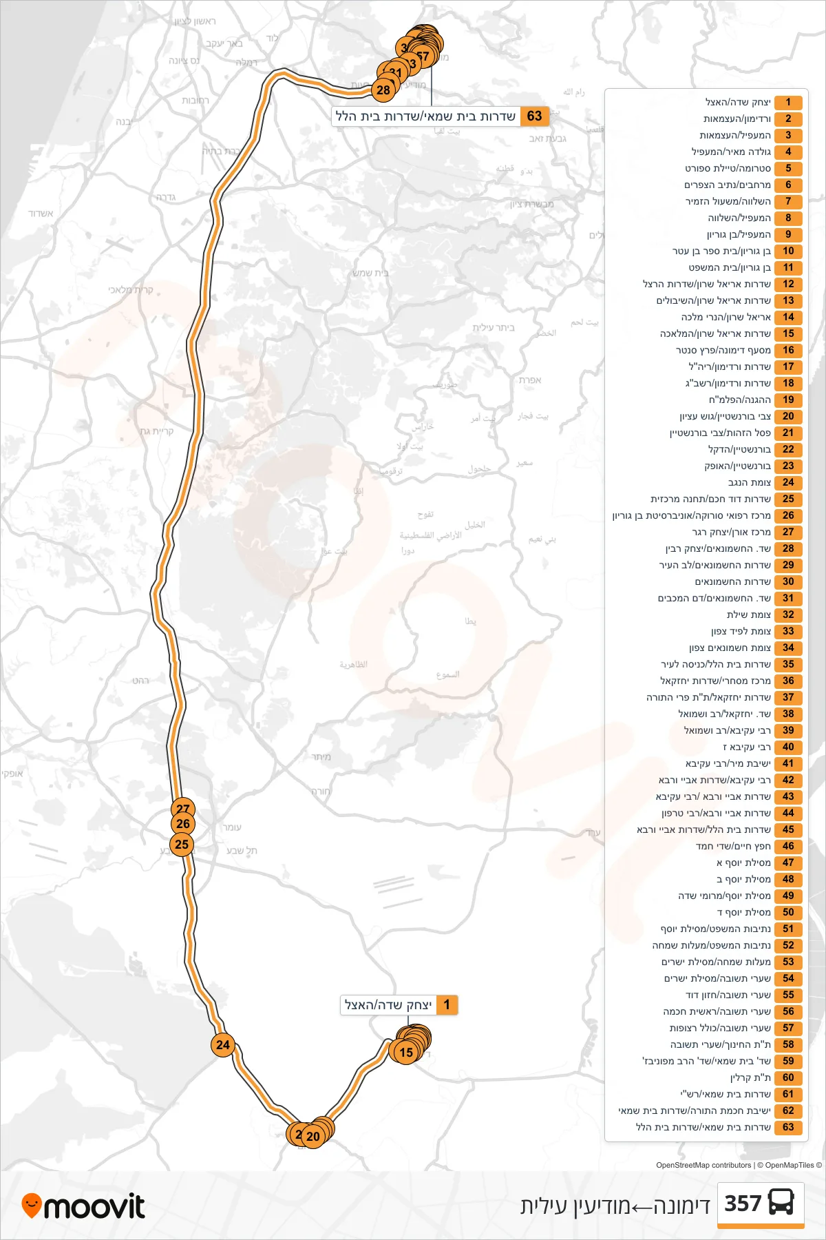 357 bus Line (Dimona‎→Modi'in Illit) route and stops on a map