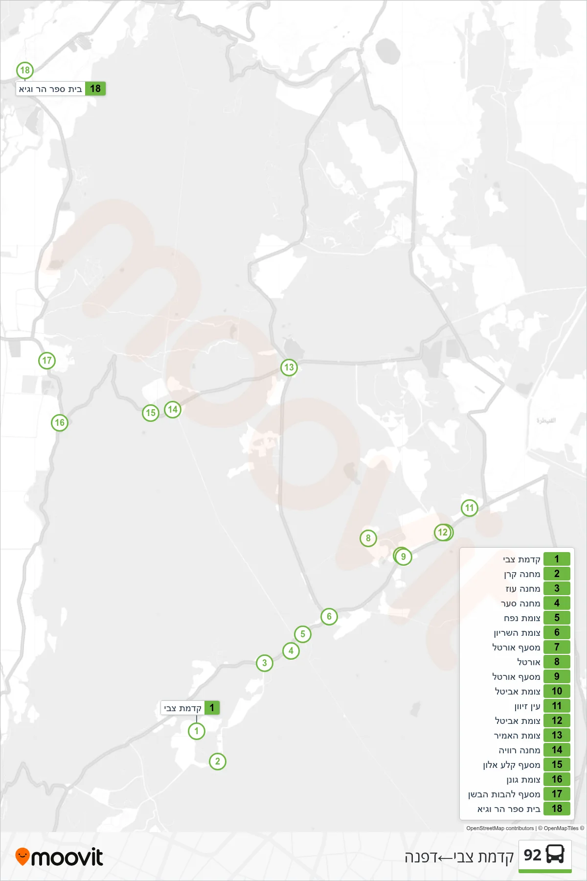 92 bus Line (Kidmat Zvi→Dafna) route and stops on a map